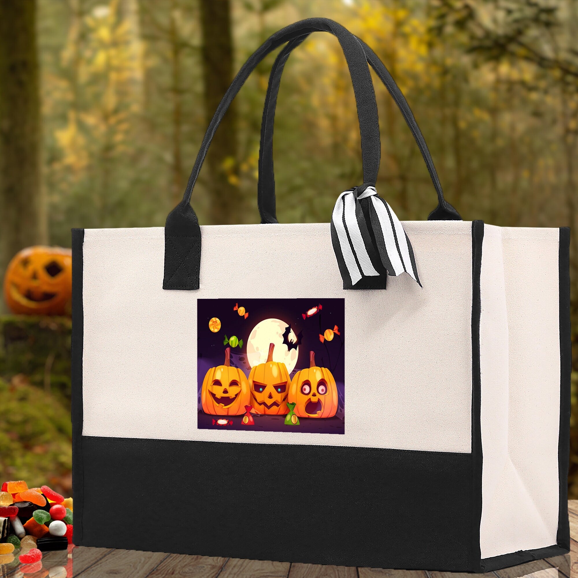 Halloween Trick or Treat Tote Bag Halloween Tote Bag for Kids Halloween Gift Halloween Candy Bag Halloween Doodles Cute Canvas Tote Bag