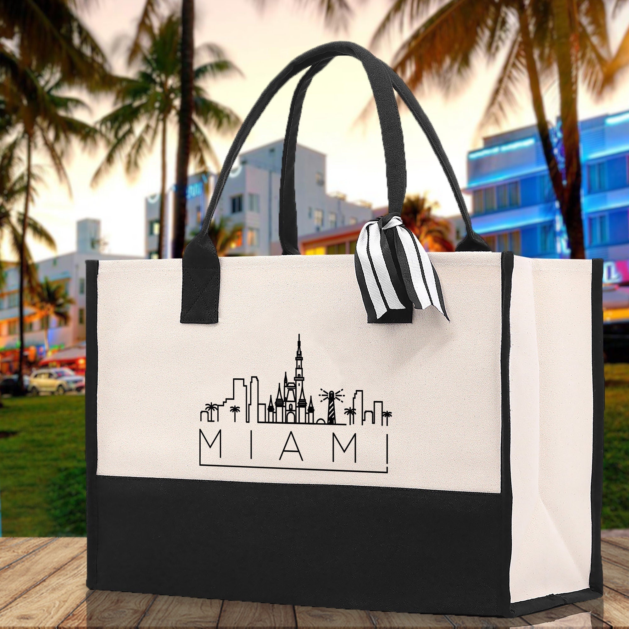 Miami Canvas Tote Bag Travel Vacation Tote Employee and Client Gift Wedding Favor Birthday Welcome Tote Bag Bridesmaid Gift