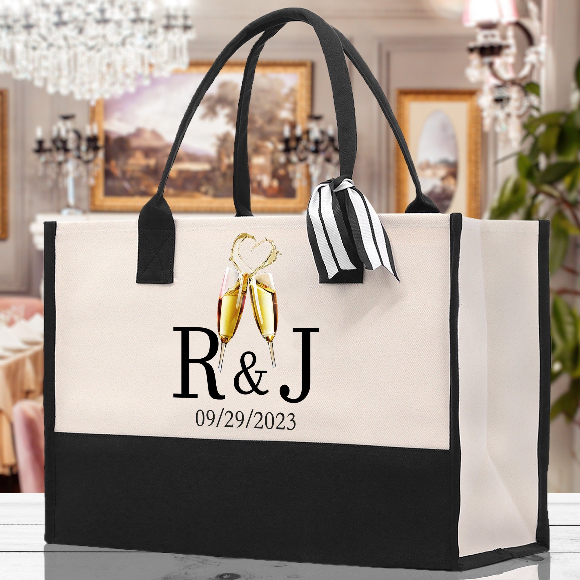 Initials and Date Customized Tote Bag 100% Cotton Canvas and Chic Personalized Tote Bag for Bridesmaid Anniversary Wedding Day Gift