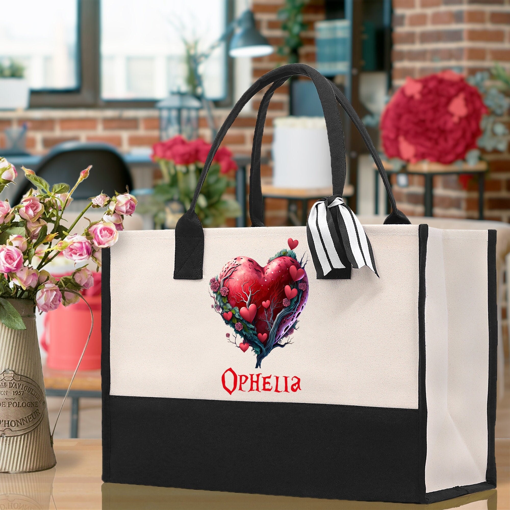 Personalized Heart Canvas Tote Bag Happy Valentines Day Gift Love Tote Bag Customize Lovers Gift Mother Day Gift Cute Valentines Gift