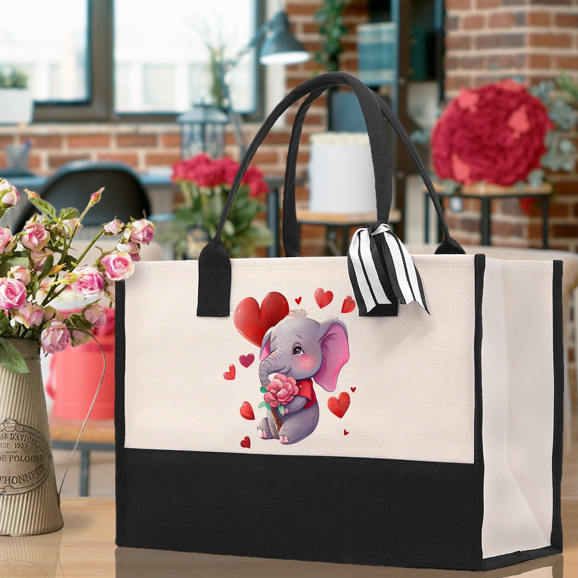 Cute Elephant Heart Canvas Tote Bag Happy Valentines Day Gift for Her Love Tote Bag Lovers Gift Mother Day Gift Cute Valentines Gift