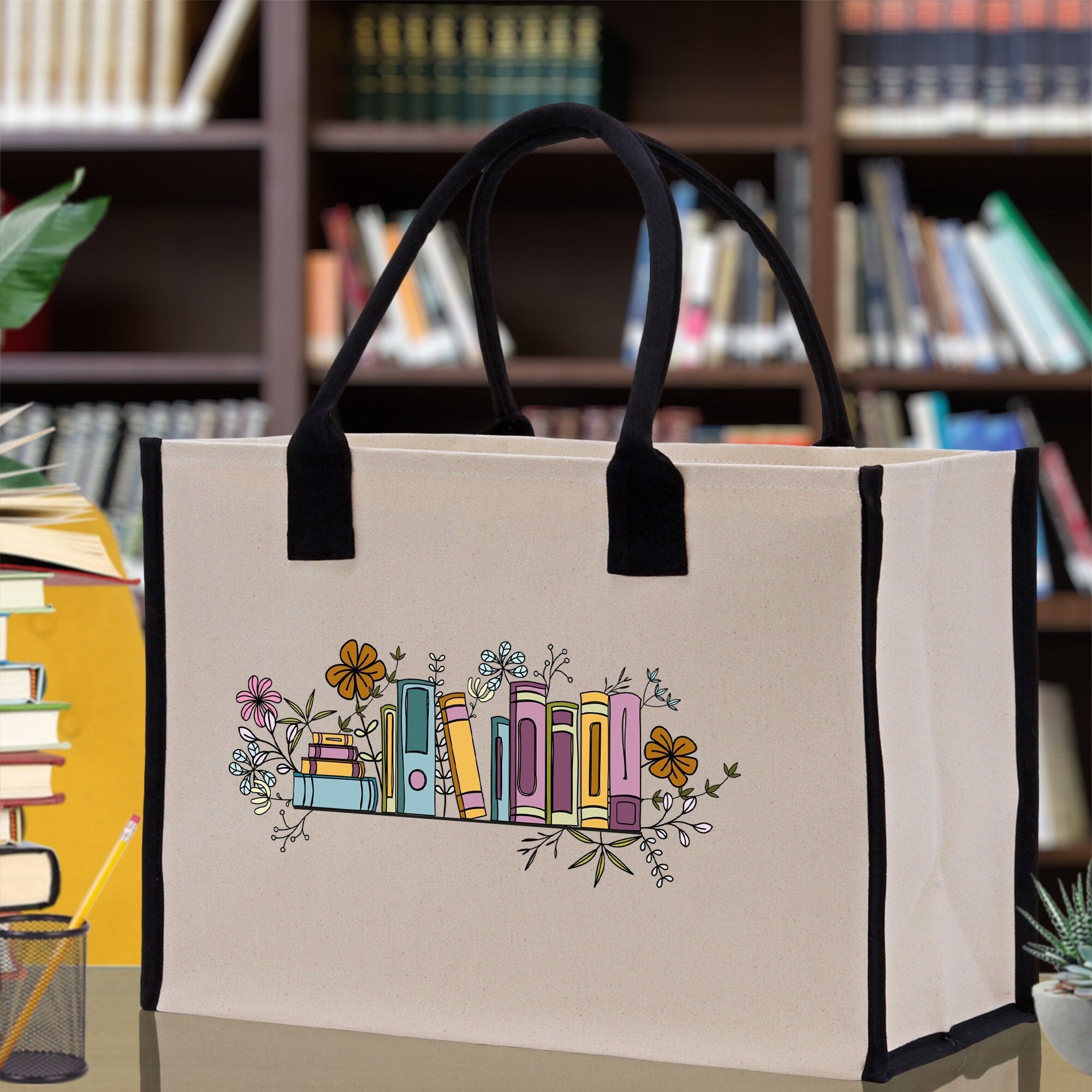 Floral Book Tote Bag Graduation Gift Library Tote School Bag Book worm Bookish Tote Wildflower Book Lover Gift Reader Bloom Canvas Tote