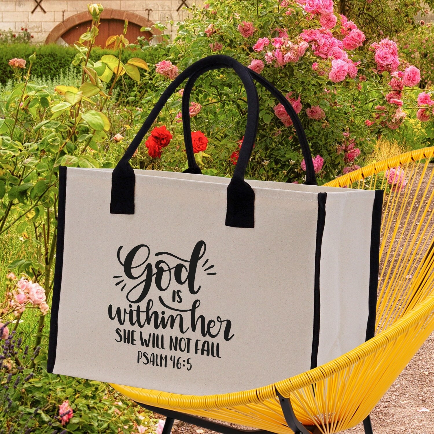 God is within her She will not fall PSALM 46:5 Religious Tote Bag for Women Bible Verse Canvas Tote Bag Religious Gifts Church Tote Bag