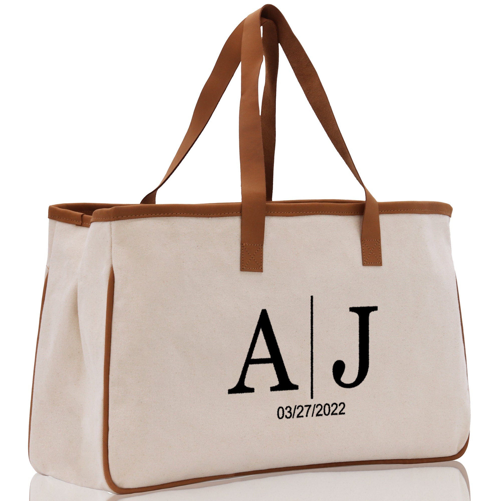 Initials and Date Customized Embroidered Tote Bag 100% Cotton Canvas and Chic Personalized Tote Bag for Bridesmaid Anniversary Wedding Day