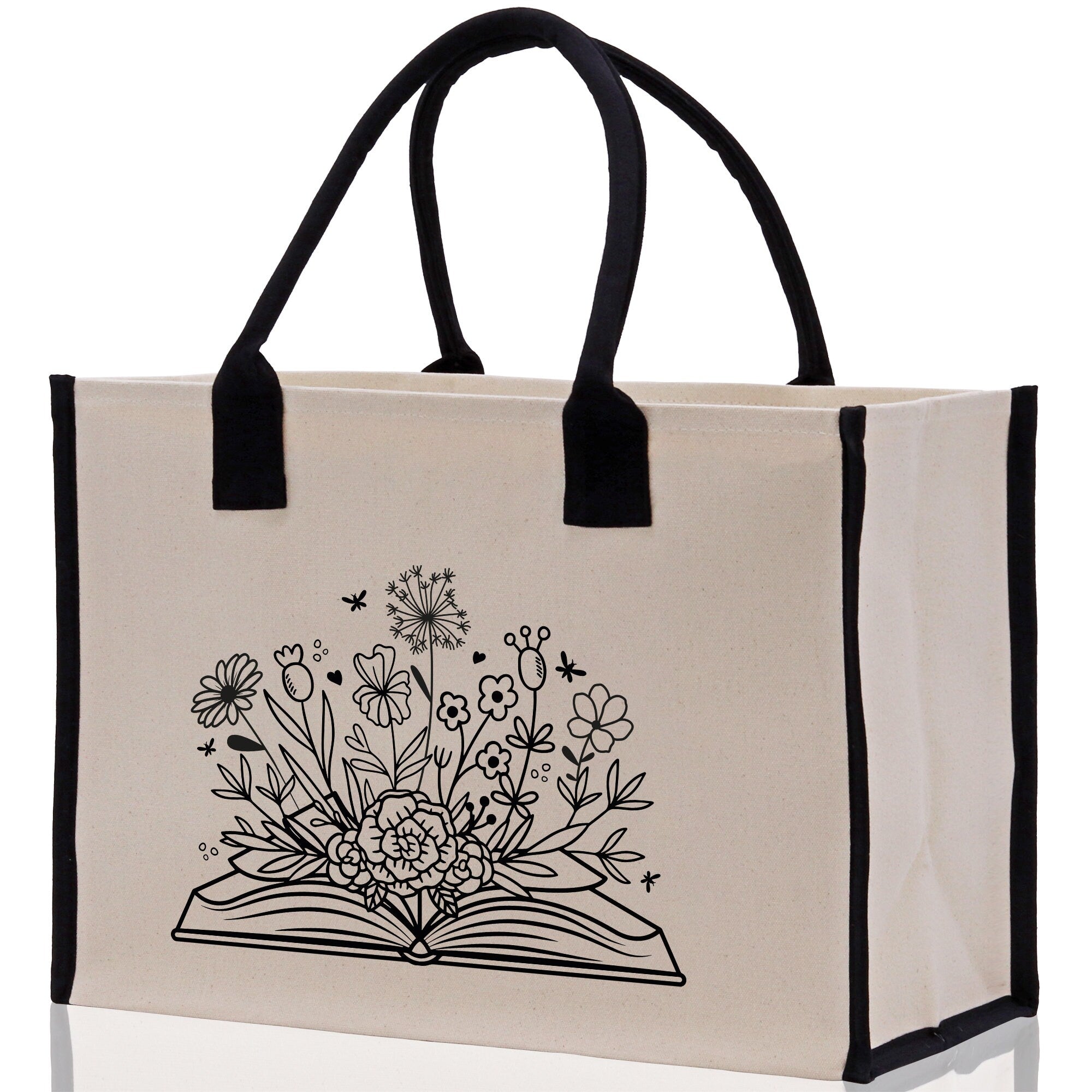 Floral Book Tote Bag Graduation Gift Library Tote School Bag Book worm Bookish Tote Wildflower Book Lover Gift Reader Bloom Canvas Tote