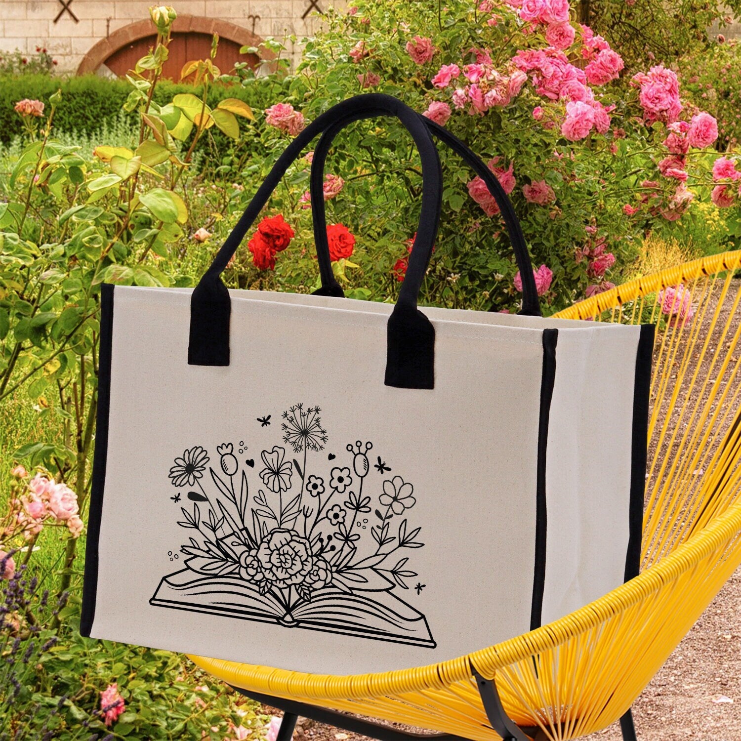 Floral Book Tote Bag Graduation Gift Library Tote School Bag Book worm Bookish Tote Wildflower Book Lover Gift Reader Bloom Canvas Tote