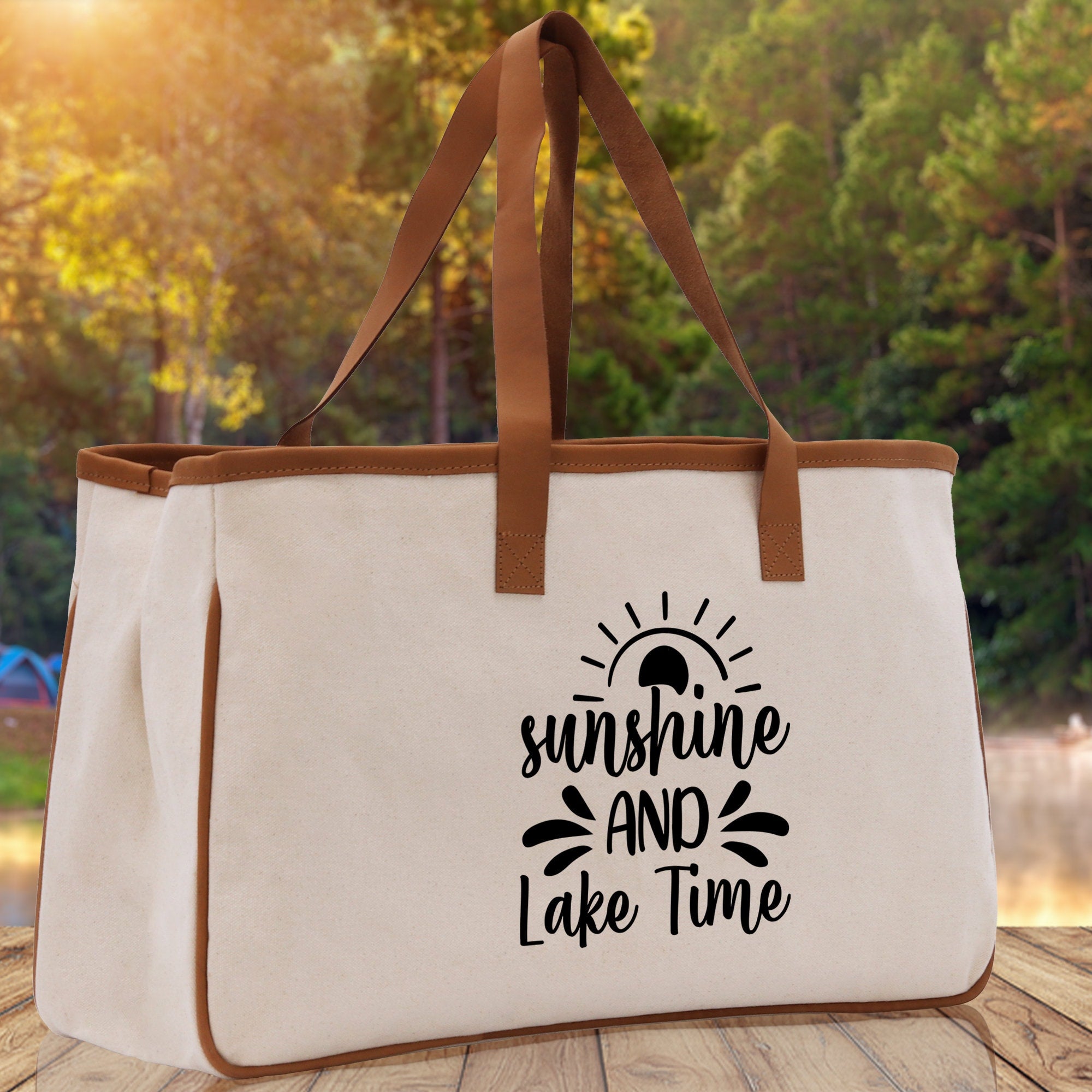Sunshine and Lake Time Cotton Canvas Chic Tote Bag Camping Tote Lake Lover Gift Tote Bag Outdoor Tote Weekender Tote Laker Tote