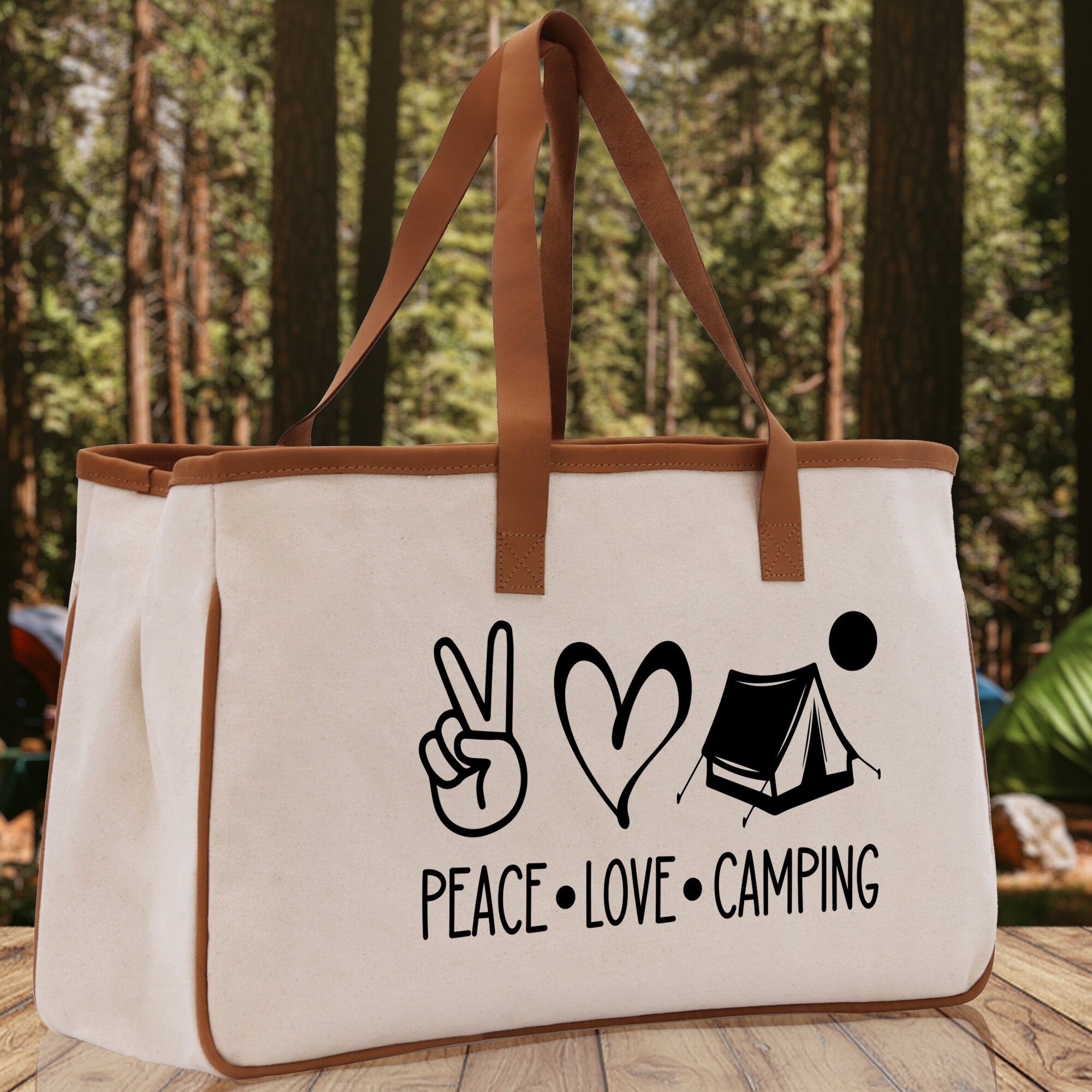 Peace Love Camping Cotton Canvas Chic Tote Bag Camping Tote Camping Lover Gift Tote Bag Outdoor Tote Weekender Tote Multipurpose Camper Tote