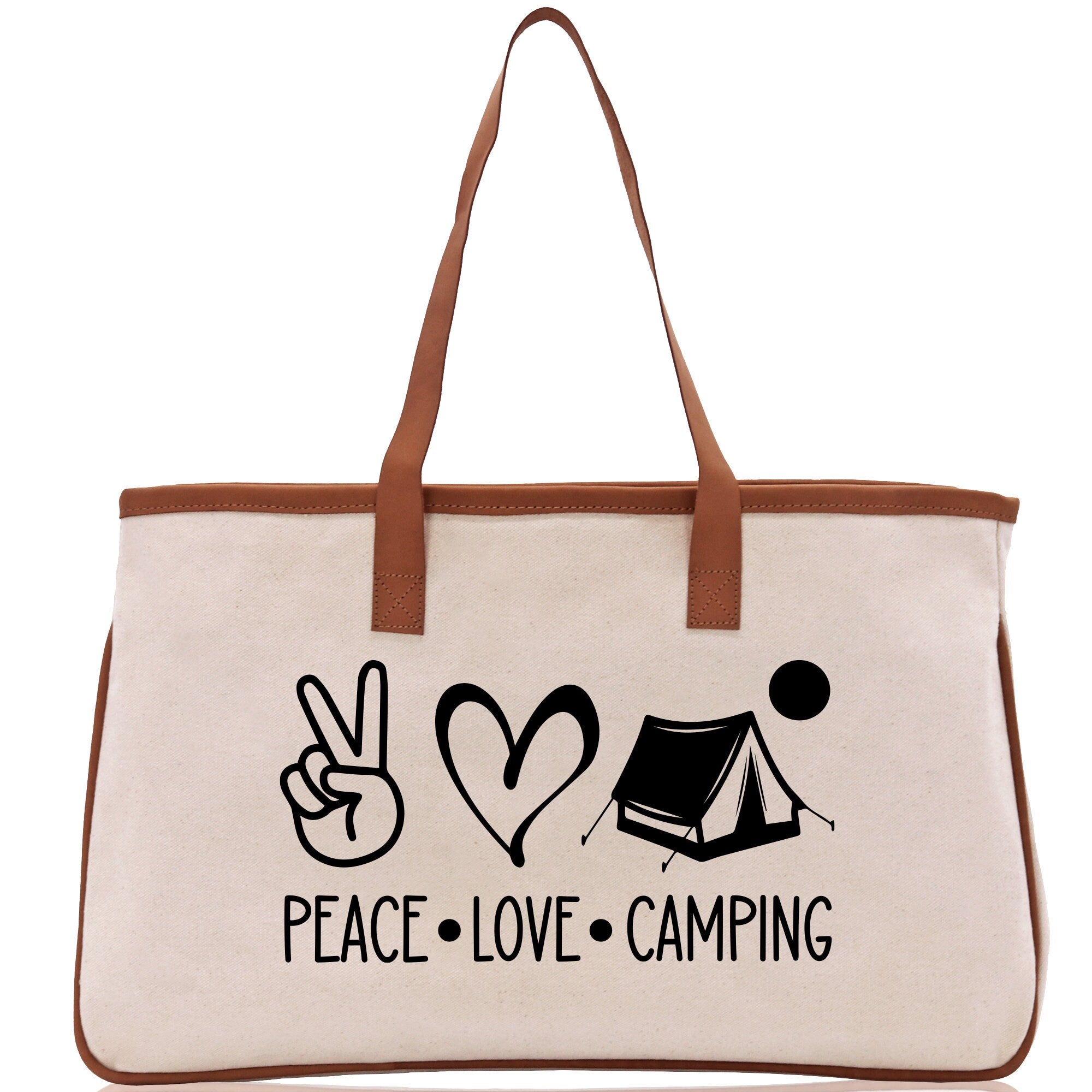 Peace Love Camping Cotton Canvas Chic Tote Bag Camping Tote Camping Lover Gift Tote Bag Outdoor Tote Weekender Tote Multipurpose Camper Tote