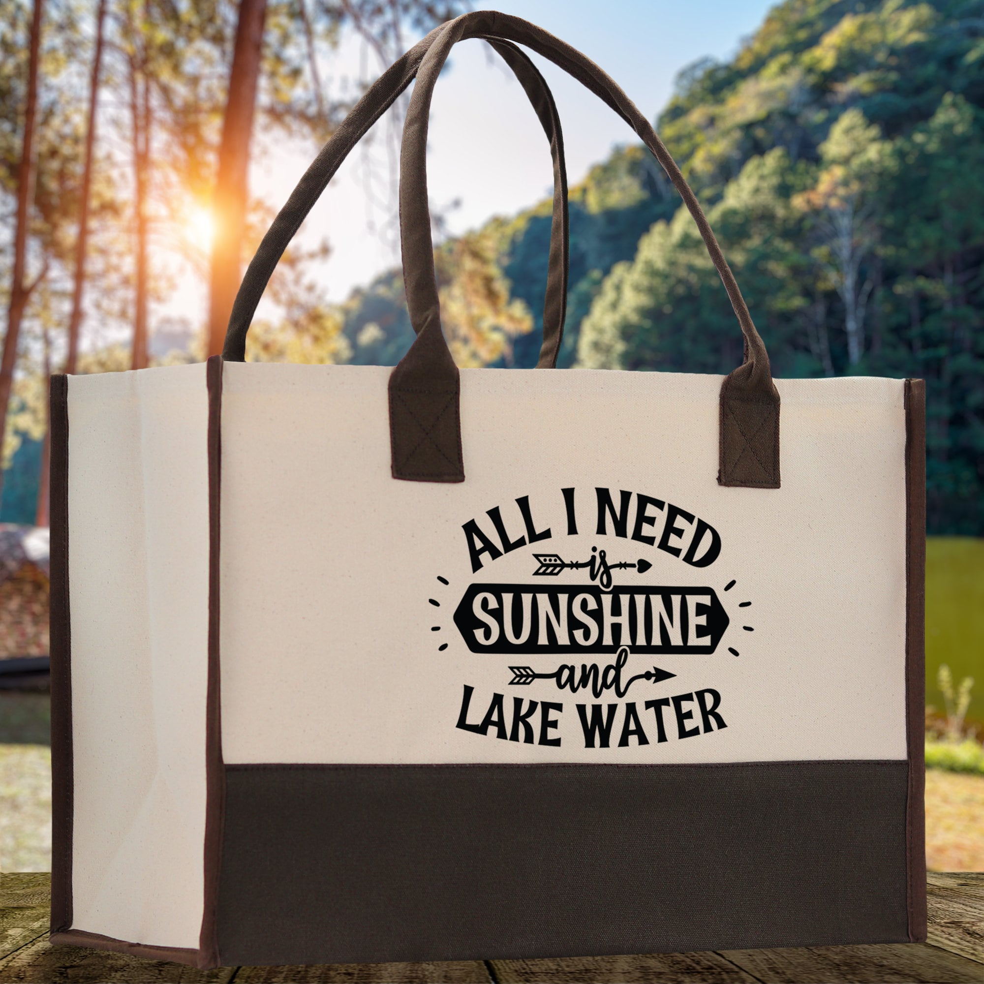 All I Need Sunshine and Lake Water Cotton Canvas Chic Tote Bag Camping Tote Lake Lover Gift Tote Bag Outdoor Tote Weekender Tote Laker Tote