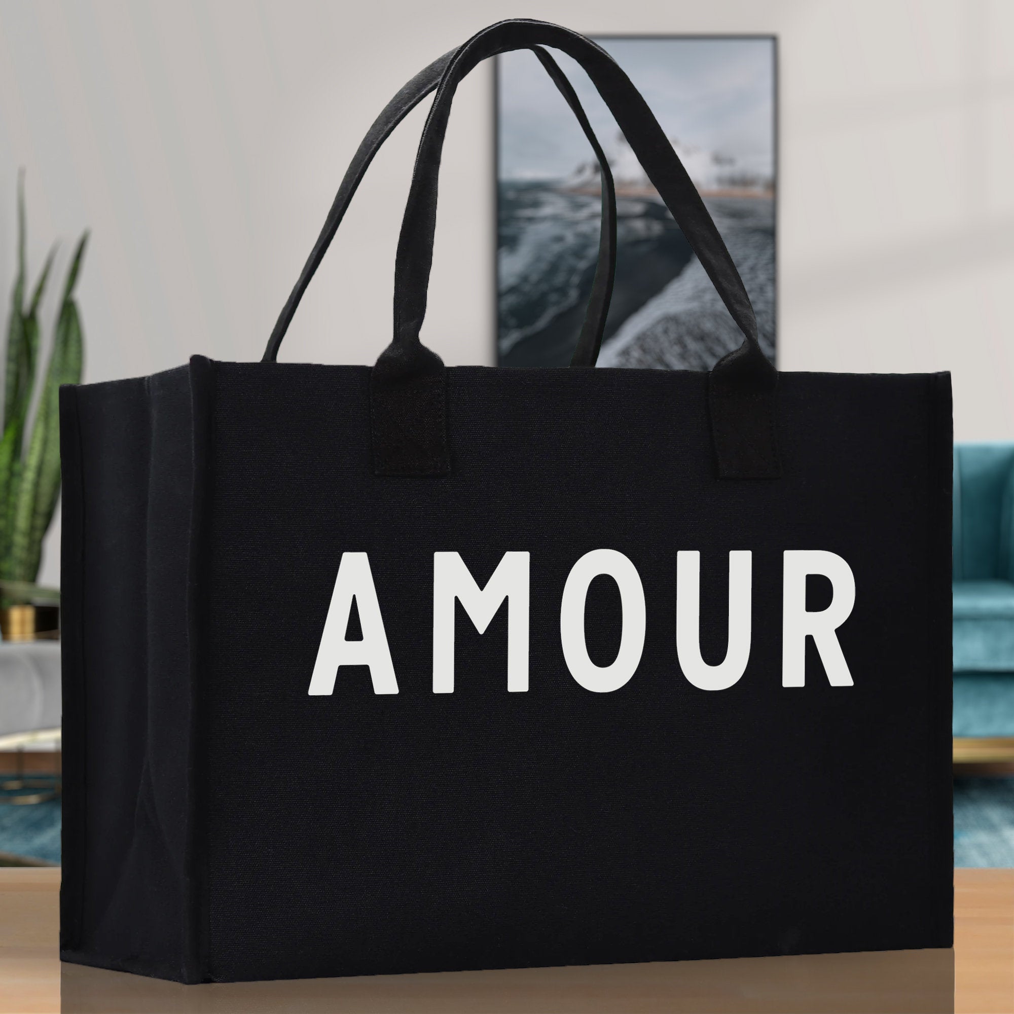 Amour Cotton Canvas Chic Beach Tote Bag Multipurpose Tote Weekender Tote Gift for Her Outdoor Tote Vacation Tote Large Beach Bag