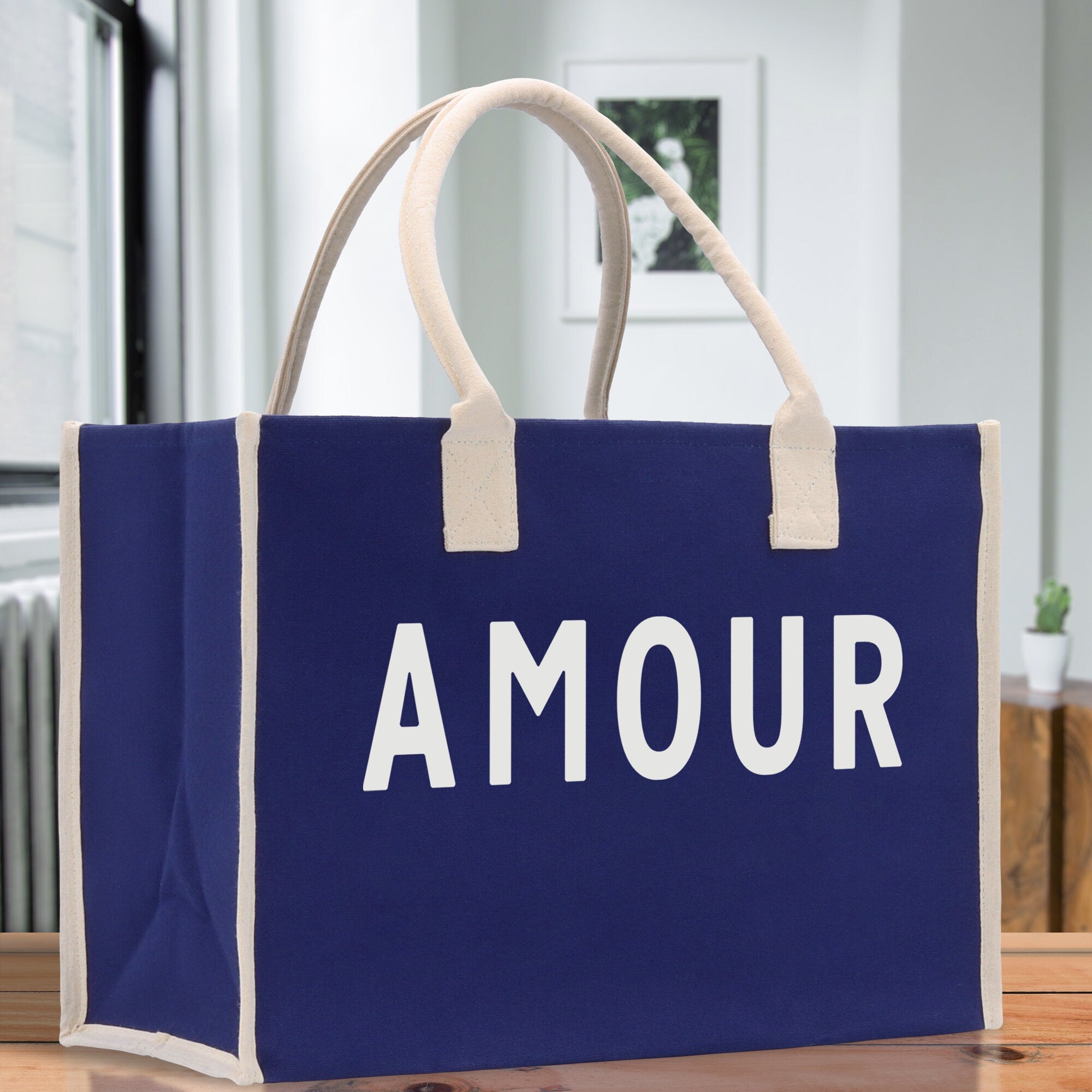 Amour Cotton Canvas Chic Beach Tote Bag Multipurpose Tote Weekender Tote Gift for Her Outdoor Tote Vacation Tote Large Beach Bag