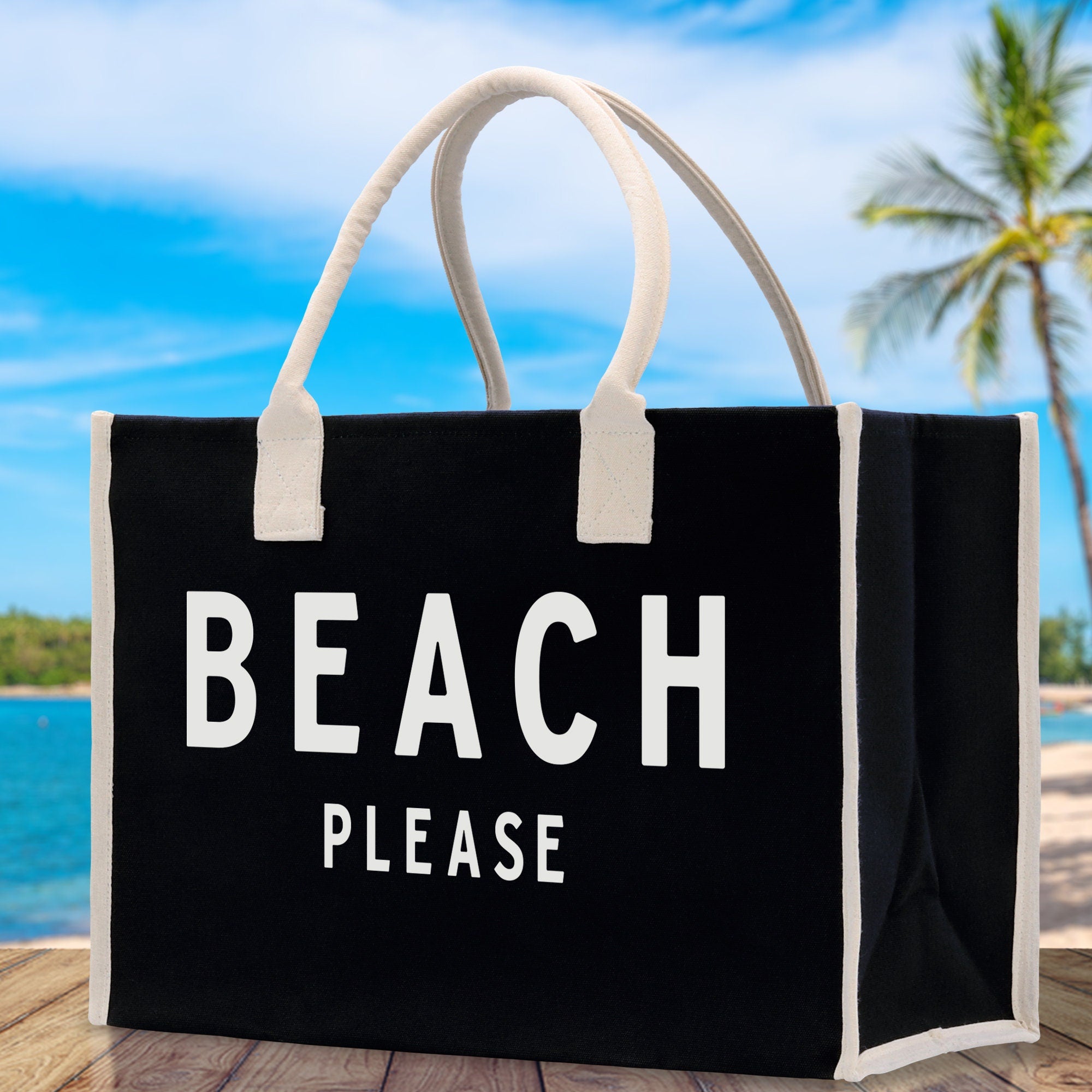 Beach Please Cotton Canvas Chic Beach Tote Bag Multipurpose Tote Weekender Tote Gift for Her Outdoor Tote Vacation Tote Large Beach Bag