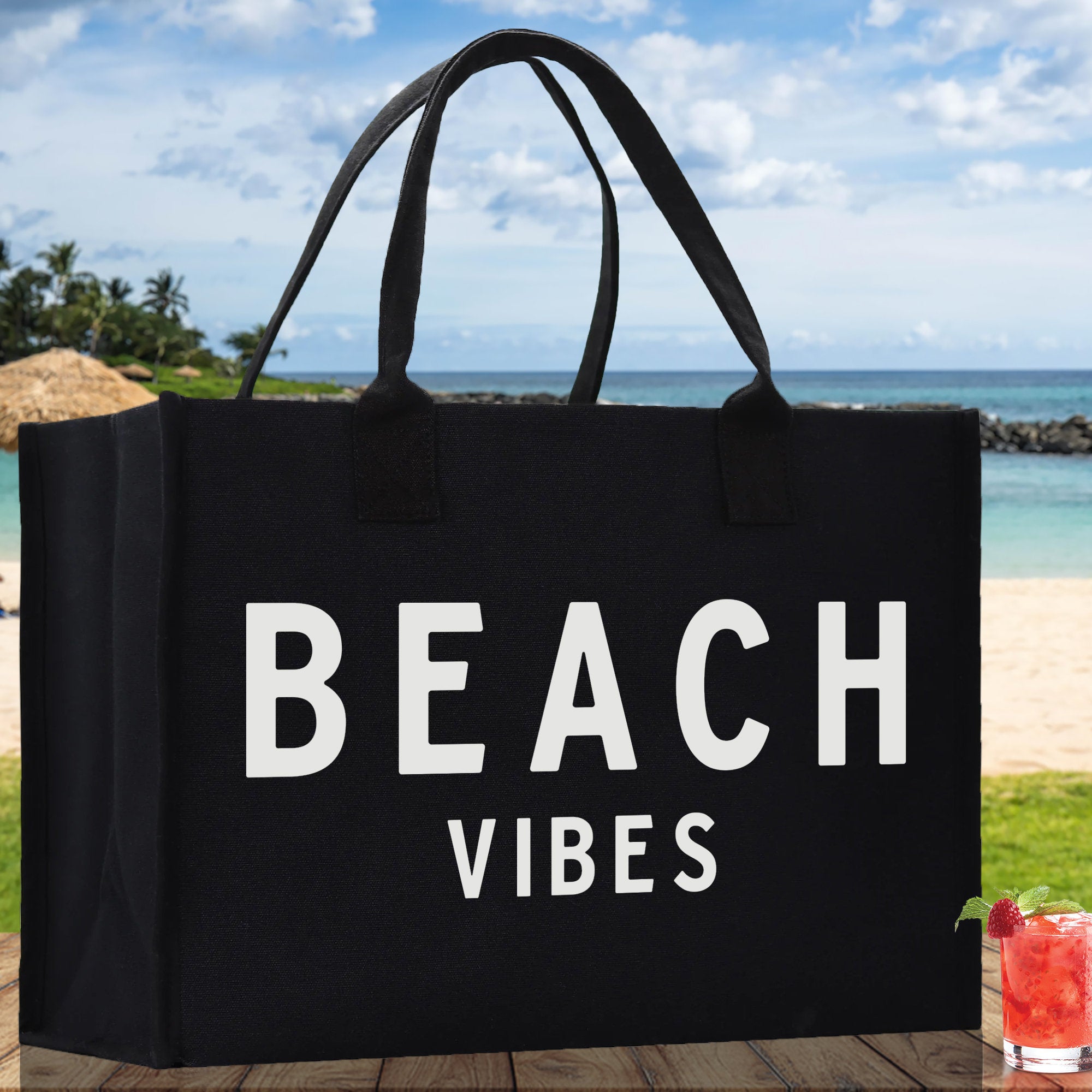 Beach Vibes Cotton Canvas Chic Beach Tote Bag Multipurpose Tote Weekender Tote Gift for Her Outdoor Tote Vacation Tote Large Beach Bag