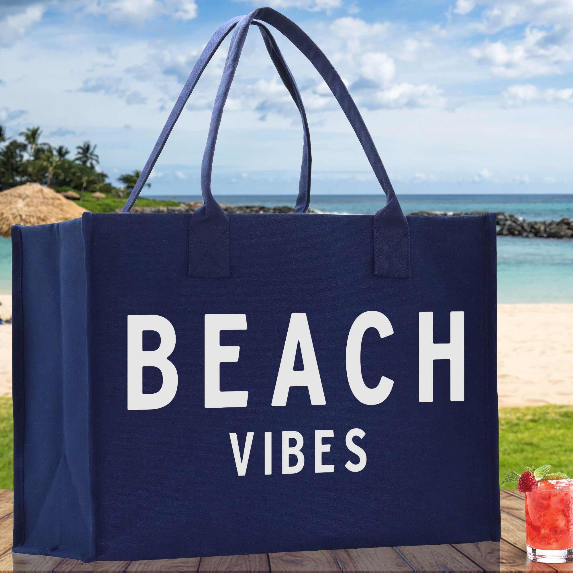 Beach Vibes Cotton Canvas Chic Beach Tote Bag Multipurpose Tote Weekender Tote Gift for Her Outdoor Tote Vacation Tote Large Beach Bag