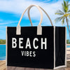 Beach Vibes Cotton Canvas Chic Beach Tote Bag Multipurpose Tote Weekender Tote Gift for Her Outdoor Tote Vacation Tote Large Beach Bag