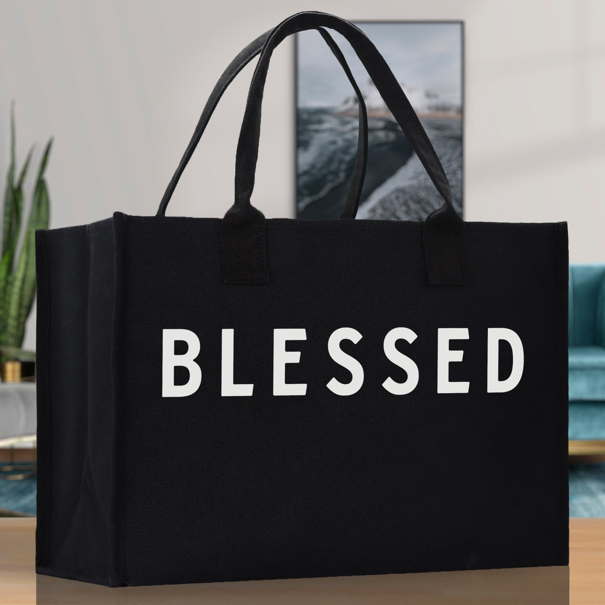 Blessed Cotton Canvas Chic Beach Tote Bag Multipurpose Tote Weekender Tote Gift for Her Outdoor Tote Vacation Tote Large Beach Bag