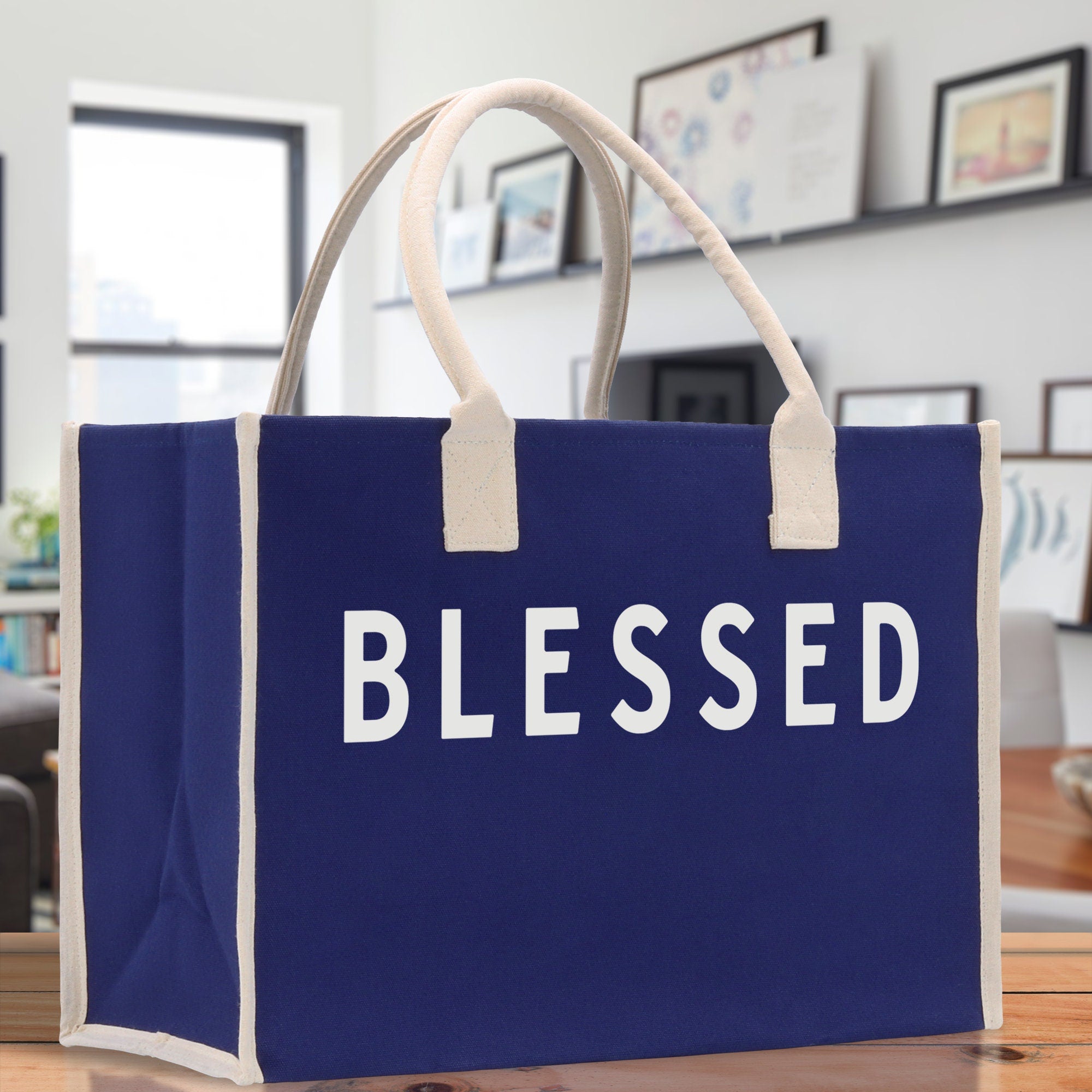 Blessed Cotton Canvas Chic Beach Tote Bag Multipurpose Tote Weekender Tote Gift for Her Outdoor Tote Vacation Tote Large Beach Bag