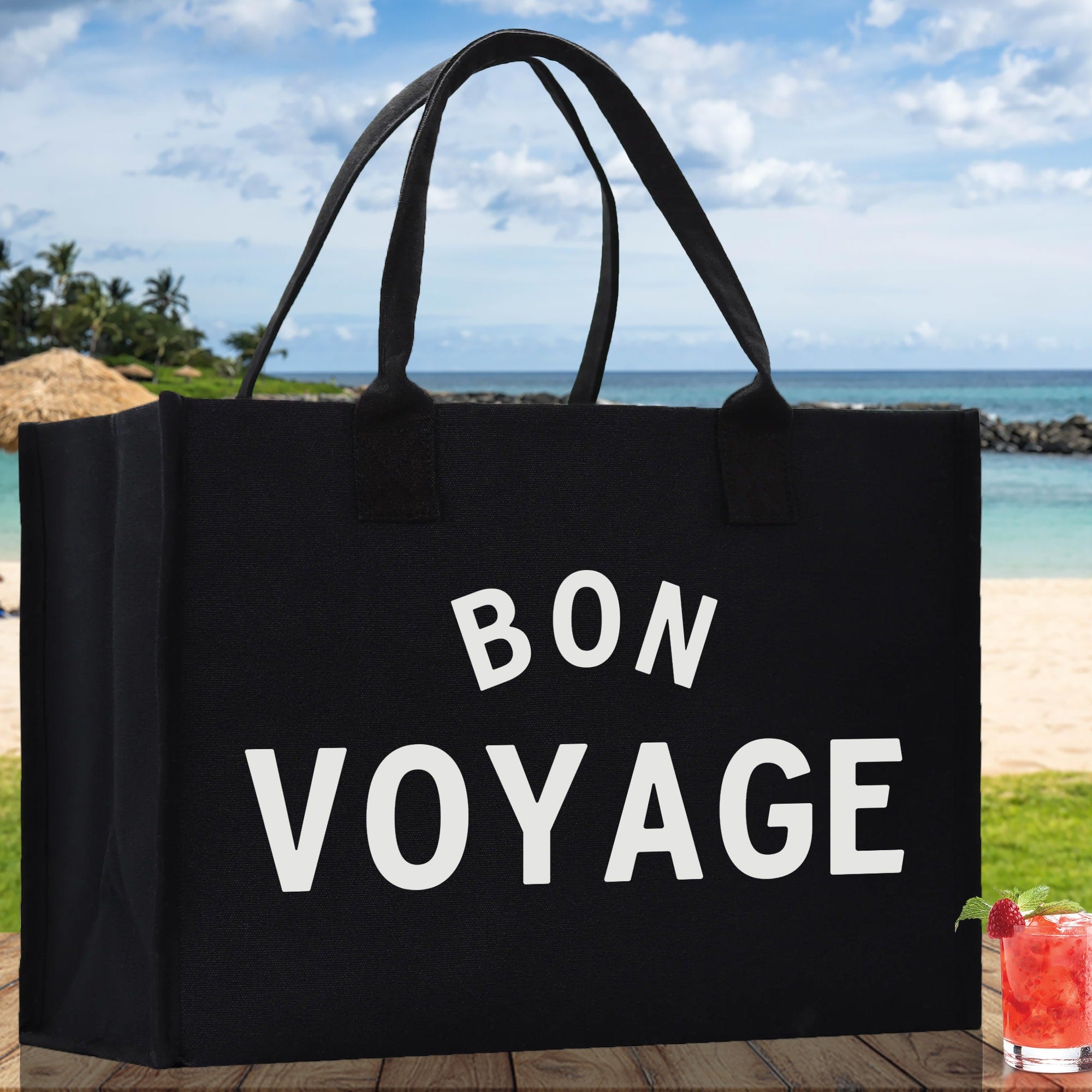 Bon Voyage Cotton Canvas Chic Beach Tote Bag Multipurpose Tote Weekender Tote Gift for Her Outdoor Tote Vacation Tote Large Beach Bag