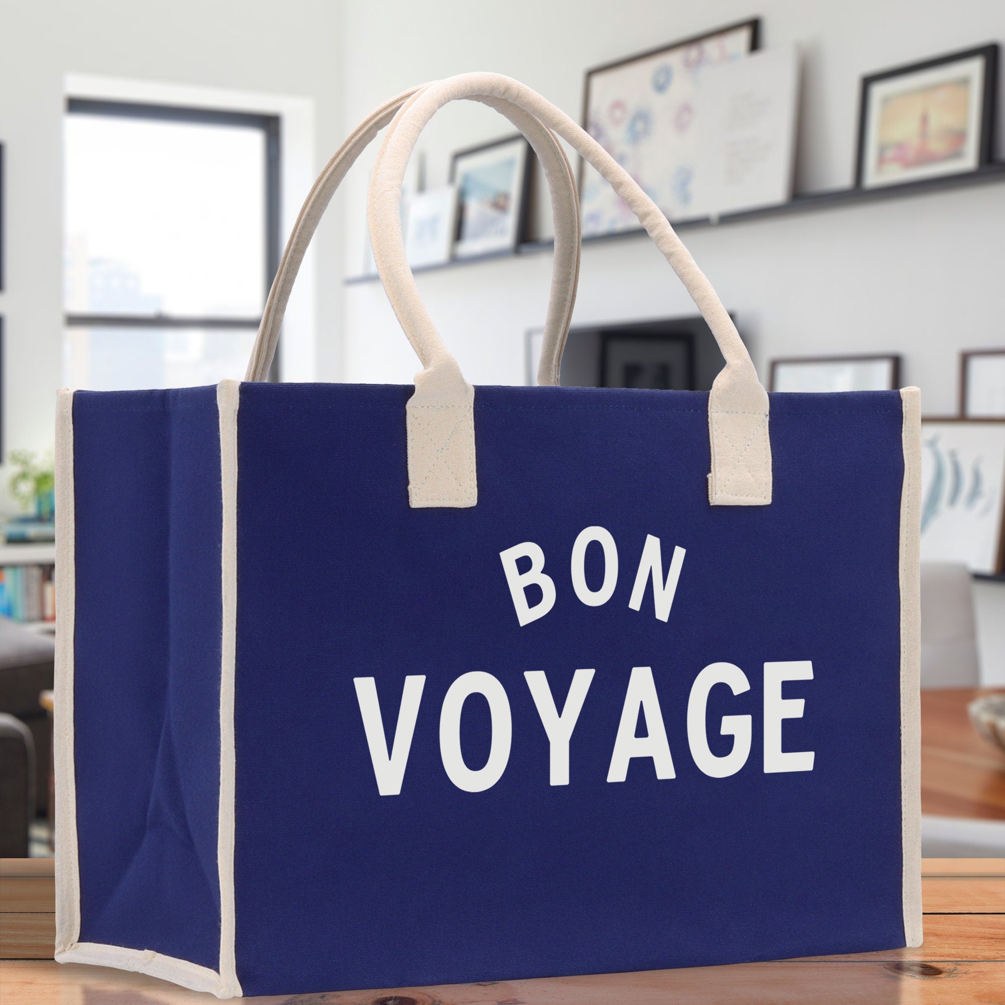 Bon Voyage Cotton Canvas Chic Beach Tote Bag Multipurpose Tote Weekender Tote Gift for Her Outdoor Tote Vacation Tote Large Beach Bag