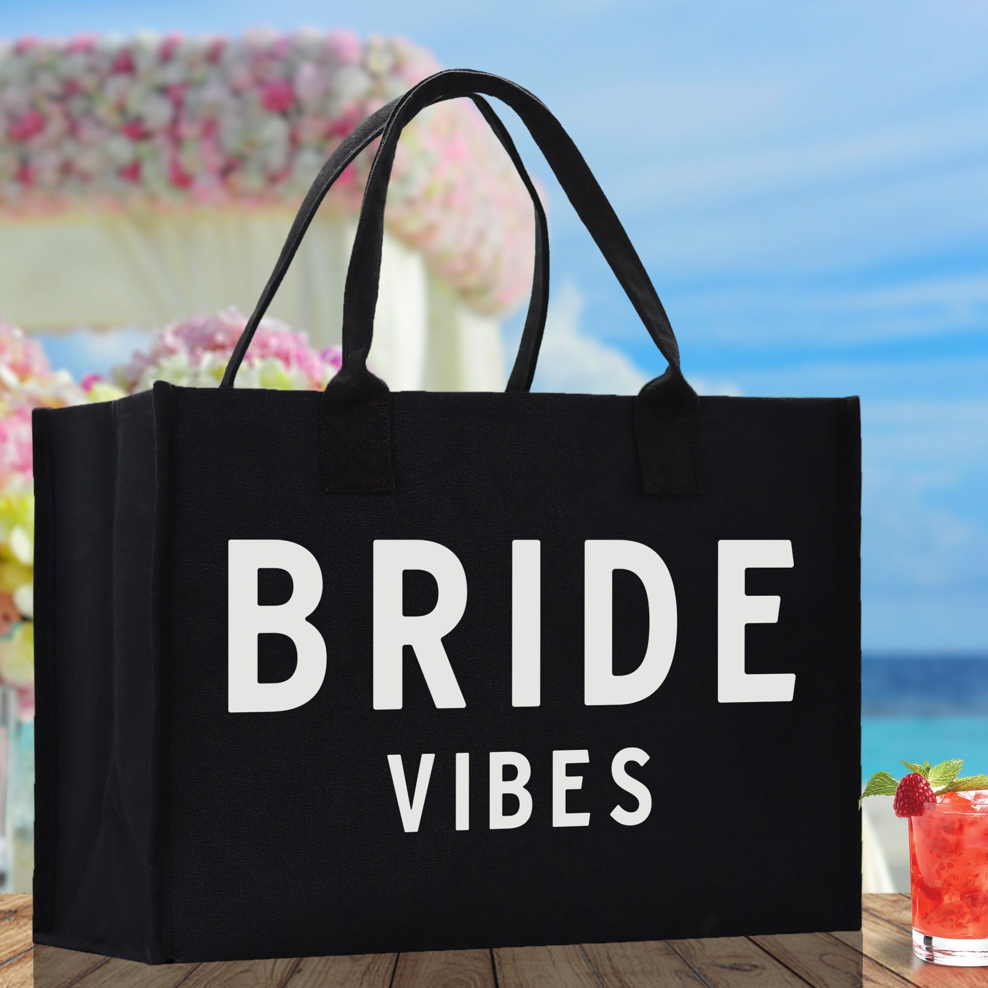 Bride Vibes Cotton Canvas Chic Beach Tote Bag Multipurpose Tote Weekender Tote Gift for Her Outdoor Tote Vacation Tote Large Beach Bag