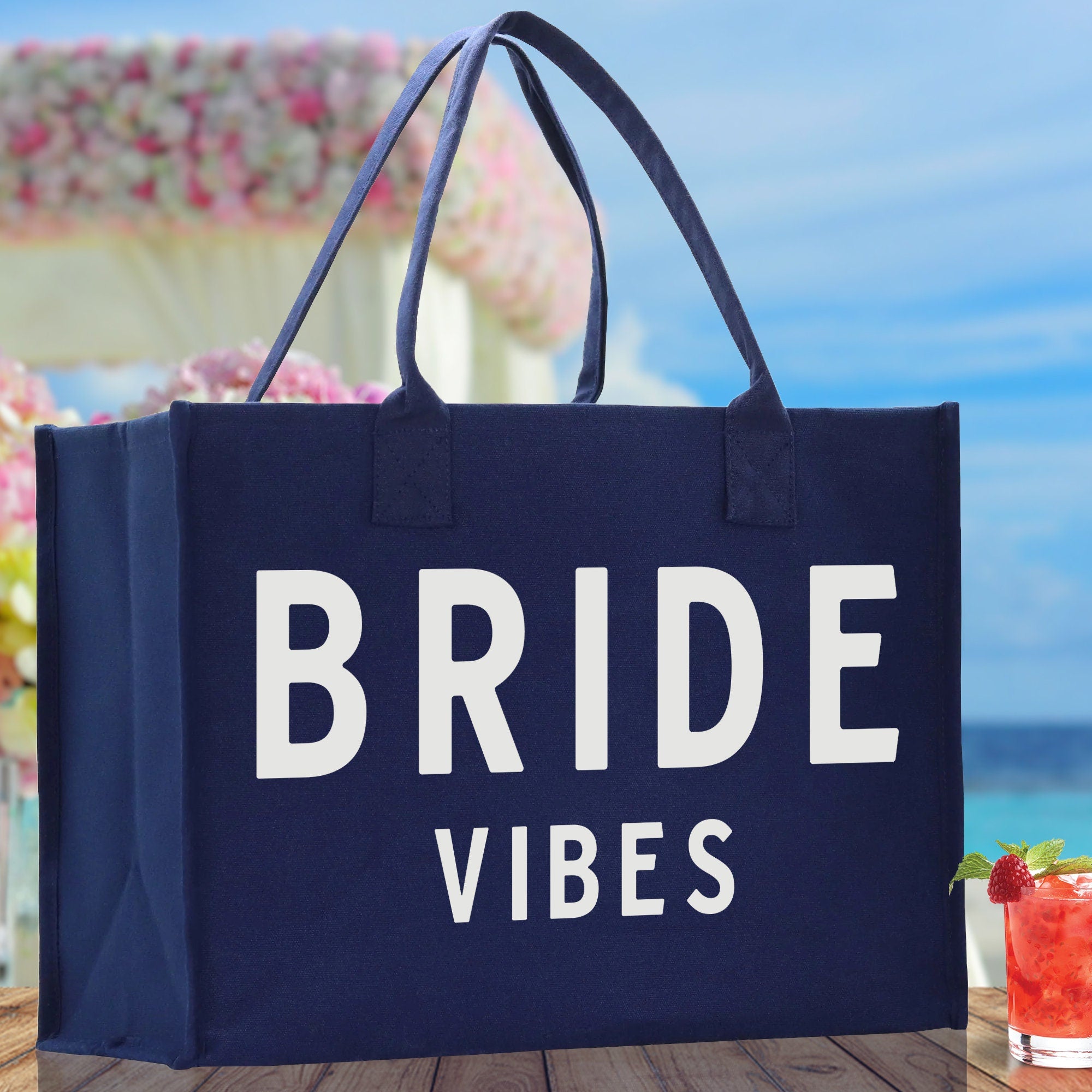 Bride Vibes Cotton Canvas Chic Beach Tote Bag Multipurpose Tote Weekender Tote Gift for Her Outdoor Tote Vacation Tote Large Beach Bag