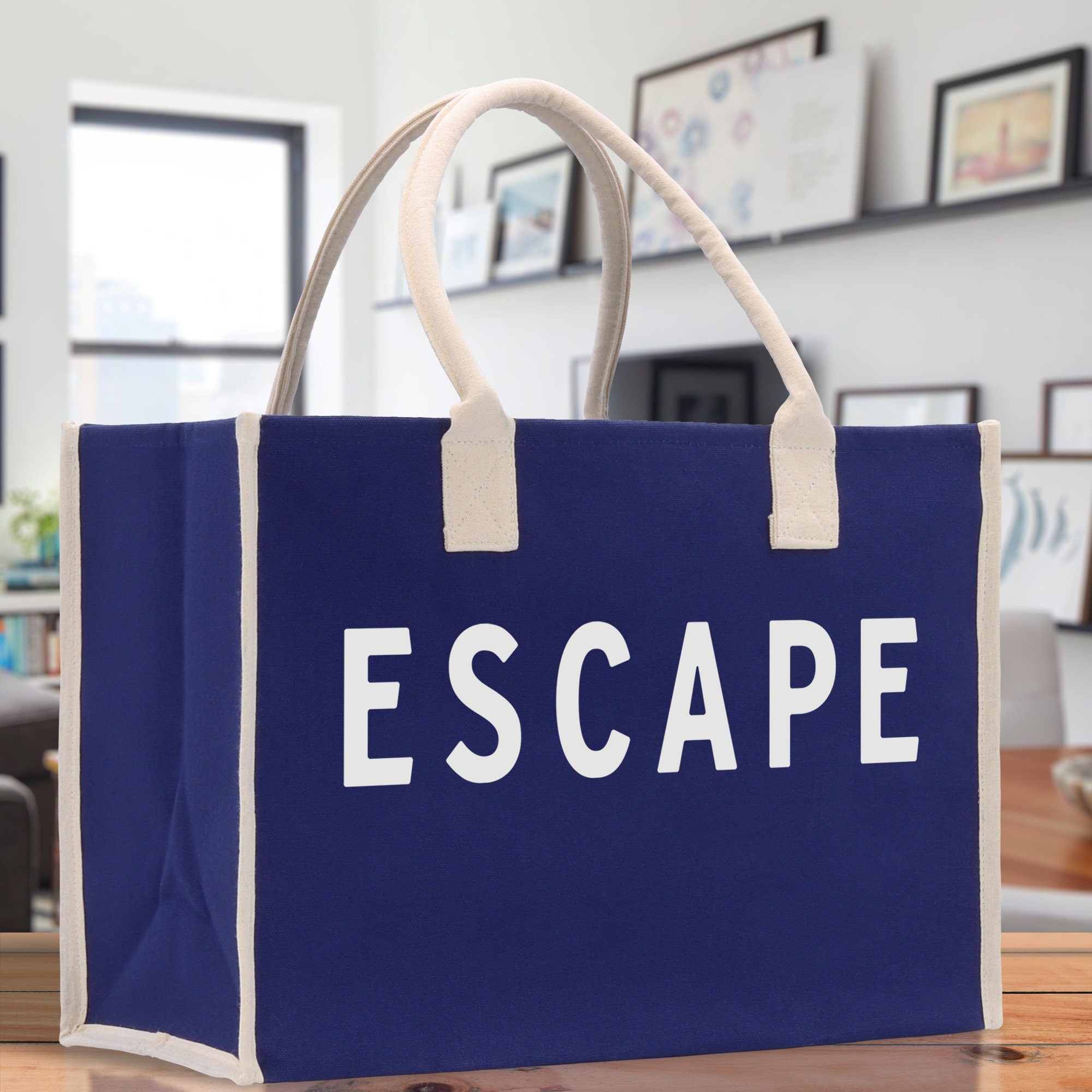 Escape Cotton Canvas Chic Beach Tote Bag Multipurpose Tote Weekender Tote Gift for Her Outdoor Tote Vacation Tote Large Beach Bag