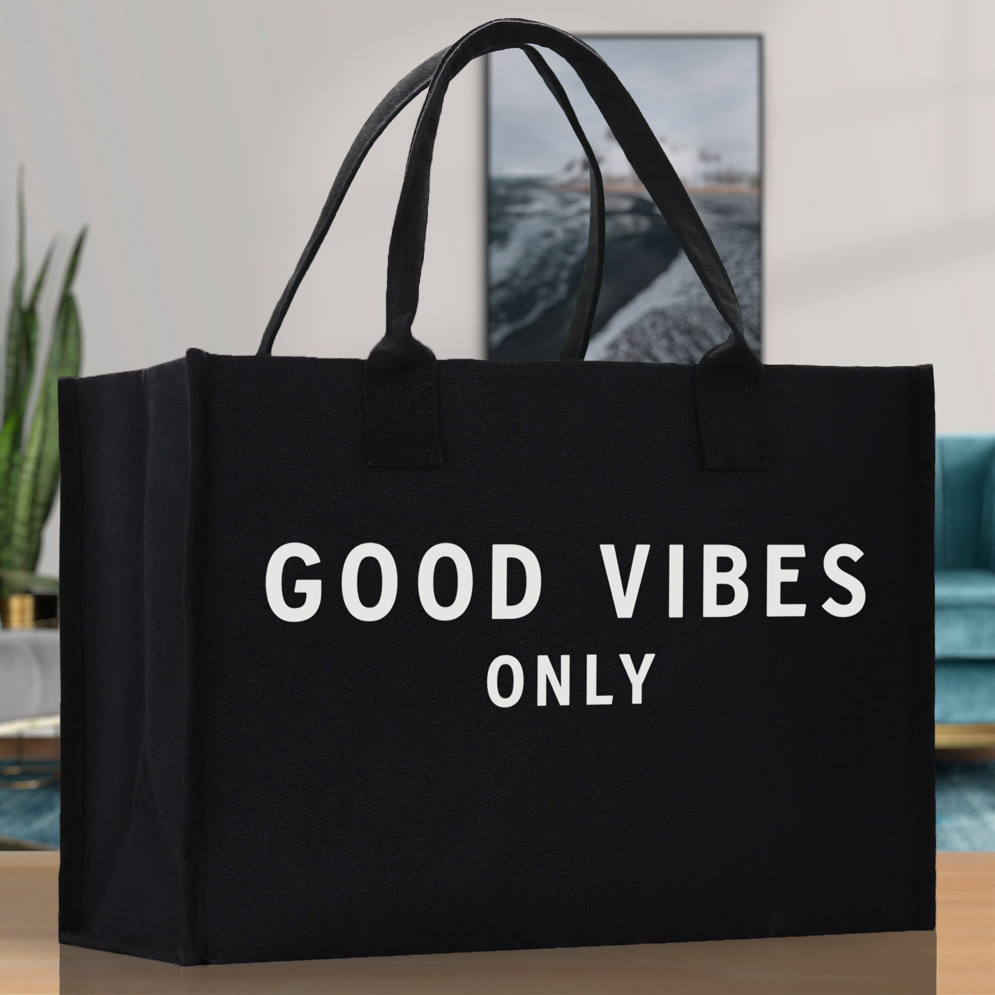 Good Vibes Only Cotton Canvas Chic Beach Tote Bag Multipurpose Tote Weekender Tote Gift for Her Outdoor Tote Vacation Tote Large Beach Bag