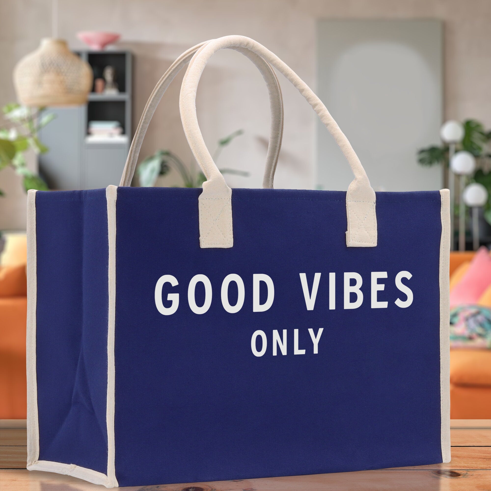 Good Vibes Only Cotton Canvas Chic Beach Tote Bag Multipurpose Tote Weekender Tote Gift for Her Outdoor Tote Vacation Tote Large Beach Bag