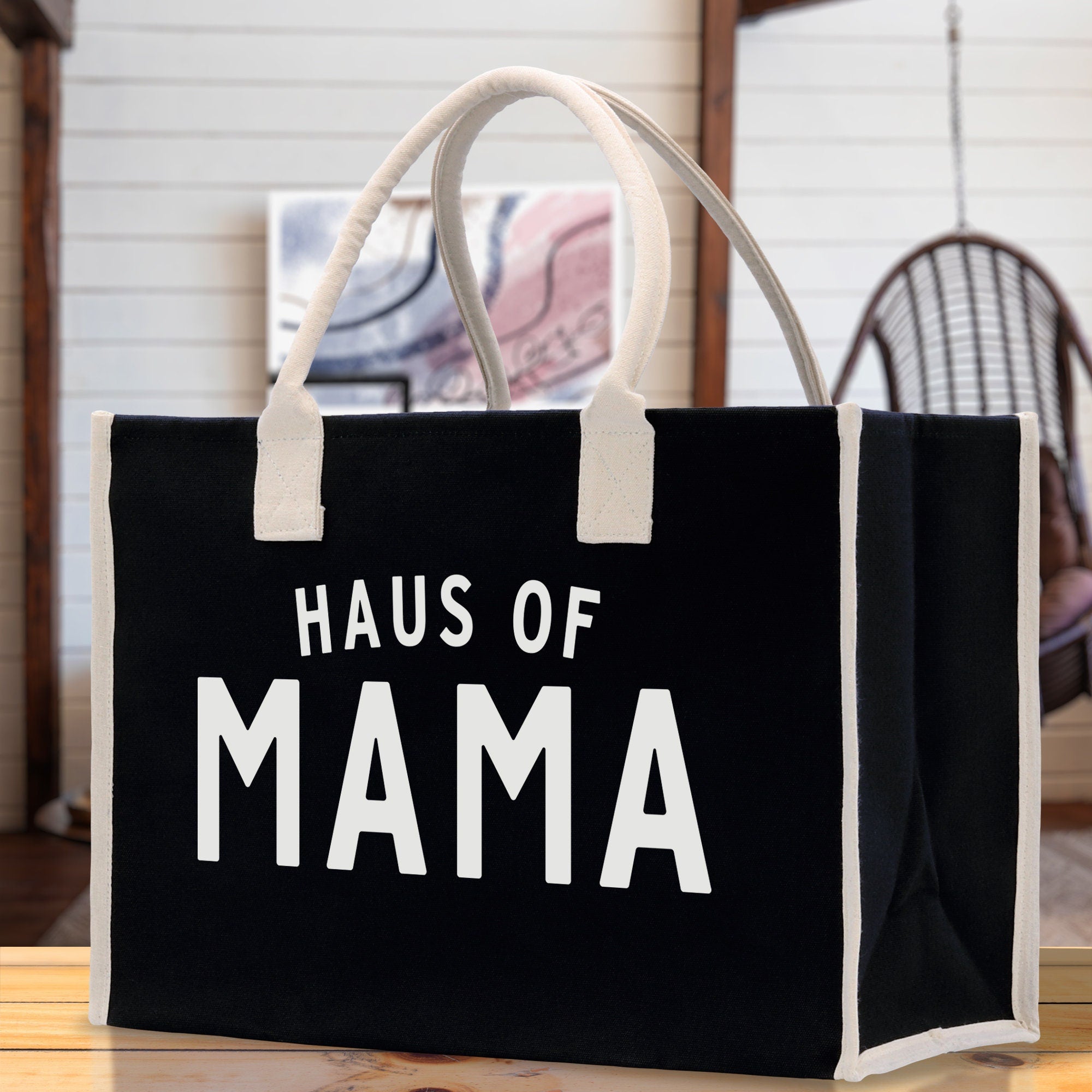 Haus of Mama Cotton Canvas Chic Beach Tote Bag Multipurpose Tote Weekender Tote Gift for Her Outdoor Tote Vacation Tote Large Beach Bag