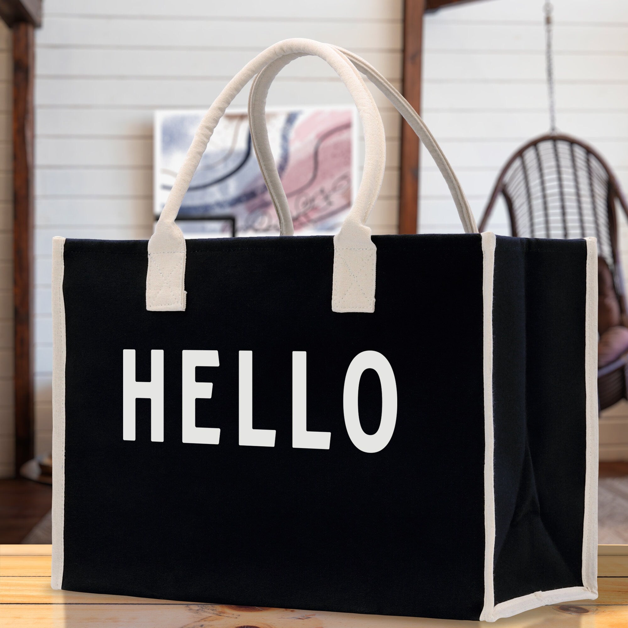 Hello Cotton Canvas Chic Beach Tote Bag Multipurpose Tote Weekender Tote Gift for Her Outdoor Tote Vacation Tote Large Beach Bag
