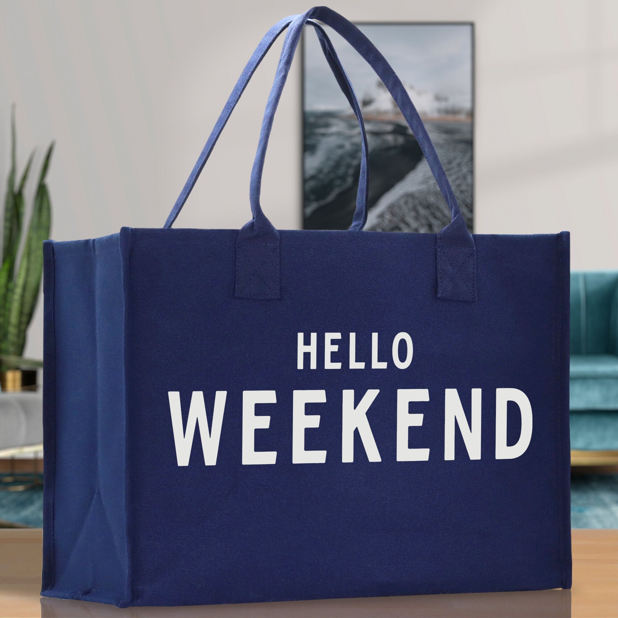 Hello Weekend Cotton Canvas Chic Beach Tote Bag Multipurpose Tote Weekender Tote Gift for Her Outdoor Tote Vacation Tote Large Beach Bag