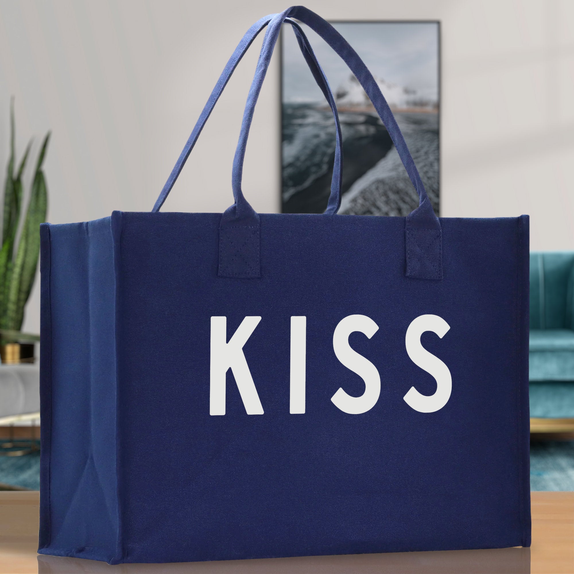 Kiss Cotton Canvas Chic Beach Tote Bag Multipurpose Tote Weekender Tote Gift for Her Outdoor Tote Vacation Tote Large Beach Bag