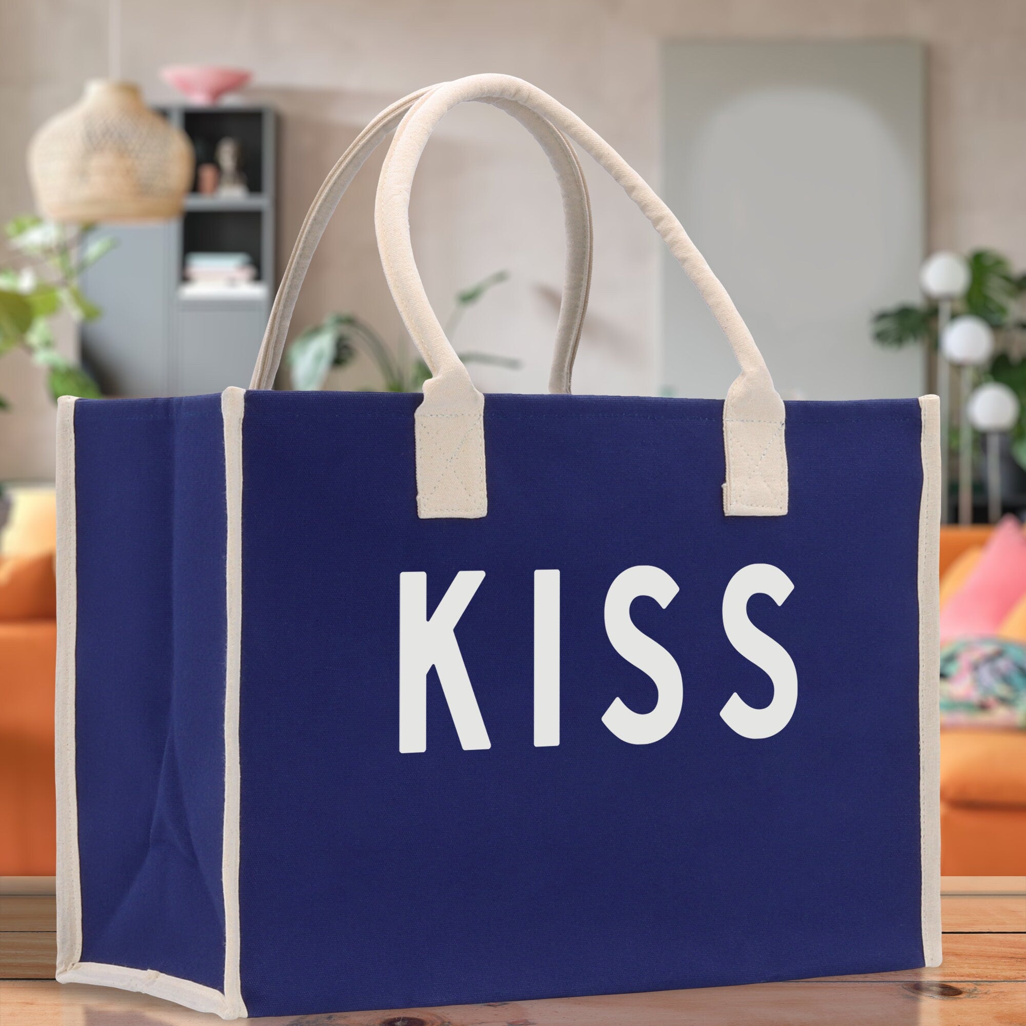 Kiss Cotton Canvas Chic Beach Tote Bag Multipurpose Tote Weekender Tote Gift for Her Outdoor Tote Vacation Tote Large Beach Bag