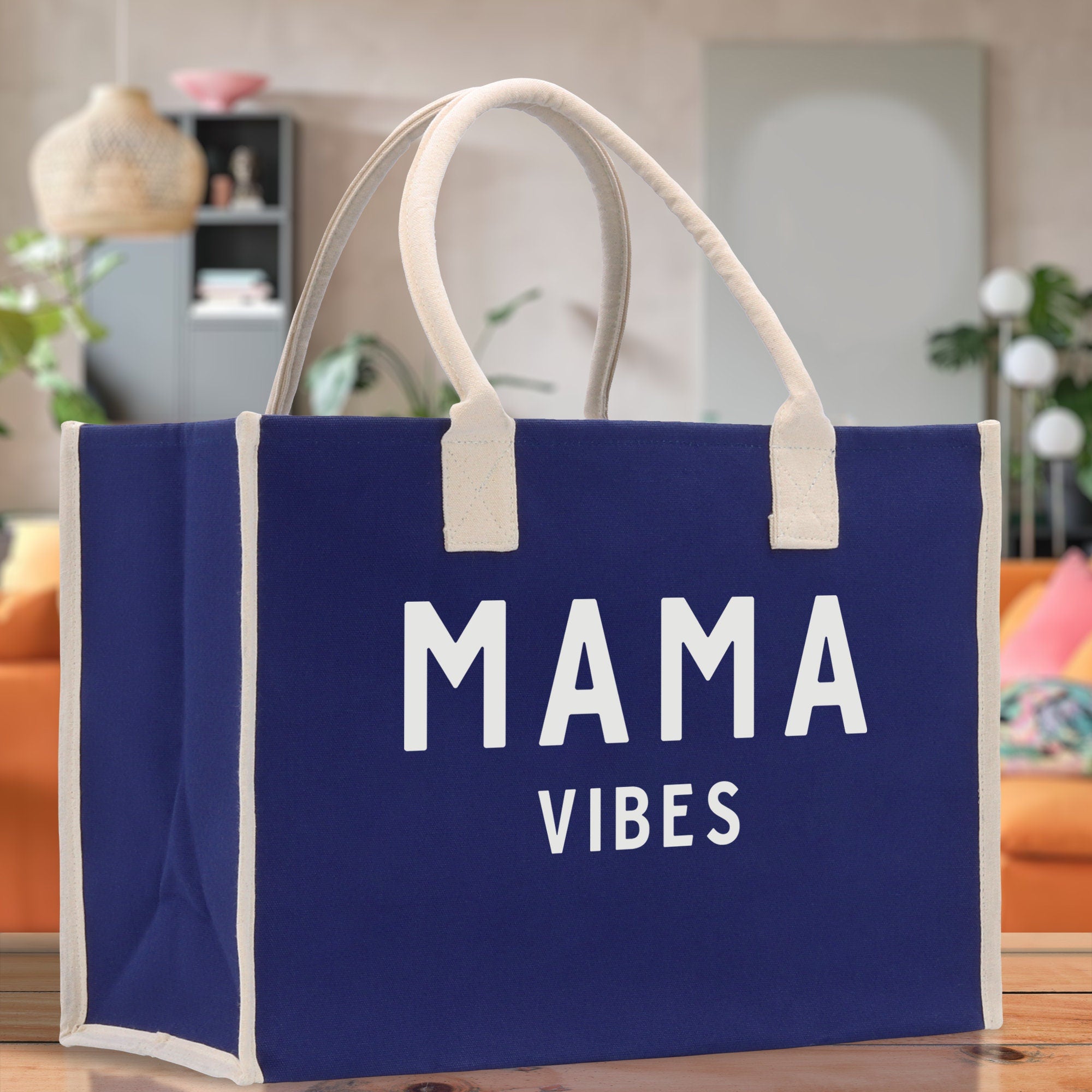 Mama Vibes Cotton Canvas Chic Beach Tote Bag Multipurpose Tote Weekender Tote Gift for Her Outdoor Tote Vacation Tote Large Beach Bag