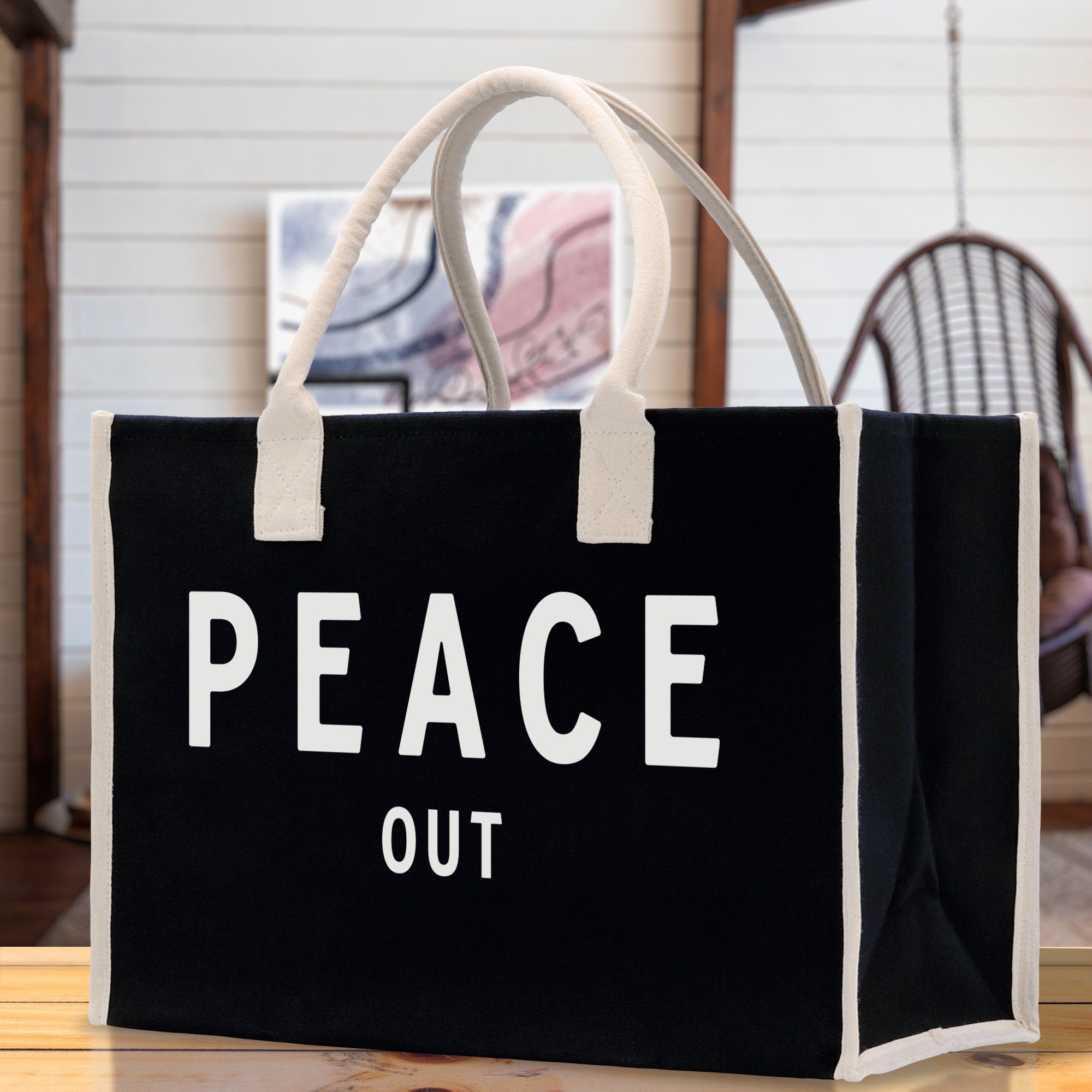 Peace Out Cotton Canvas Chic Beach Tote Bag Multipurpose Tote Weekender Tote Gift for Her Outdoor Tote Vacation Tote Large Beach Bag