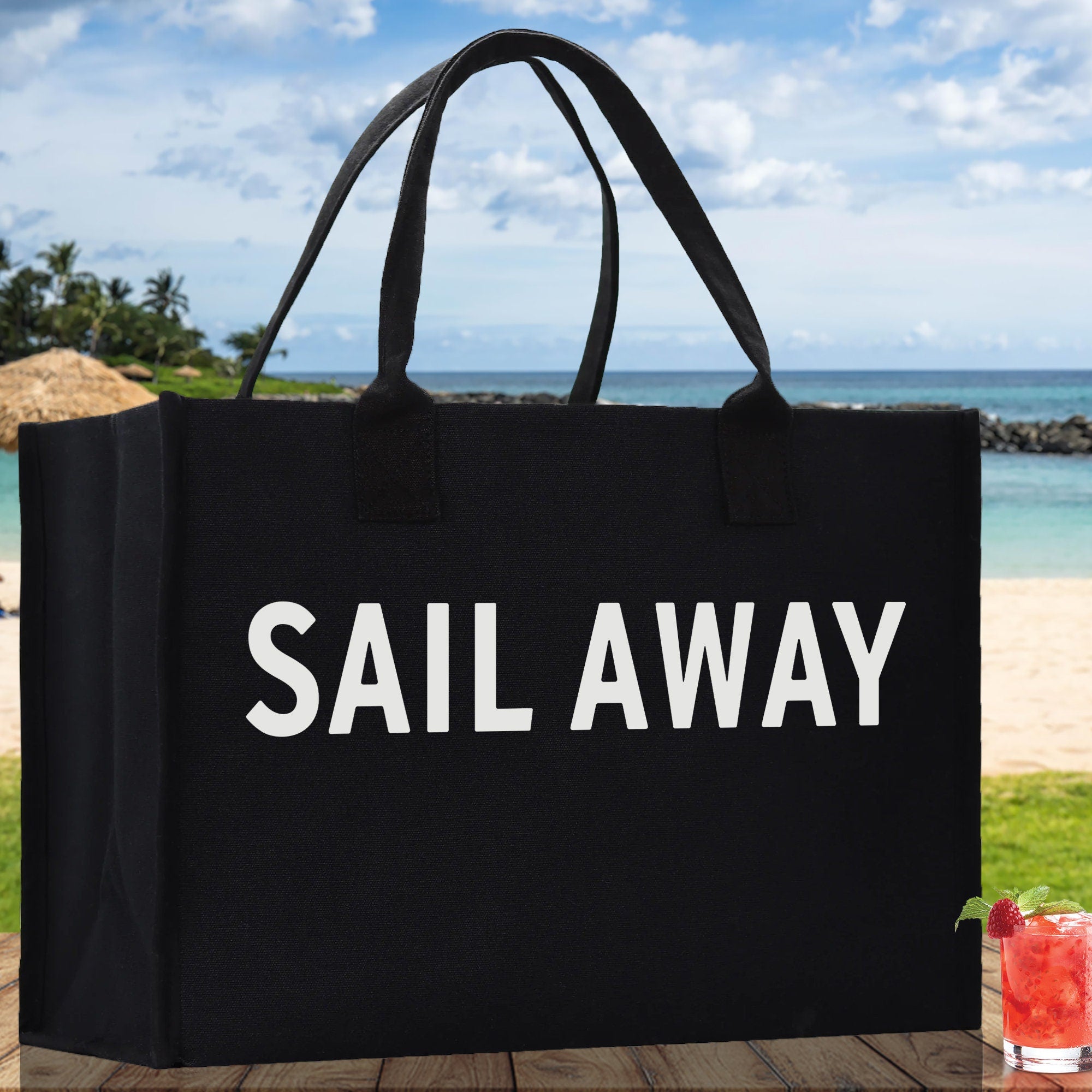 Sail Away Cotton Canvas Chic Beach Tote Bag Multipurpose Tote Weekender Tote Gift for Her Outdoor Tote Vacation Tote Large Beach Bag