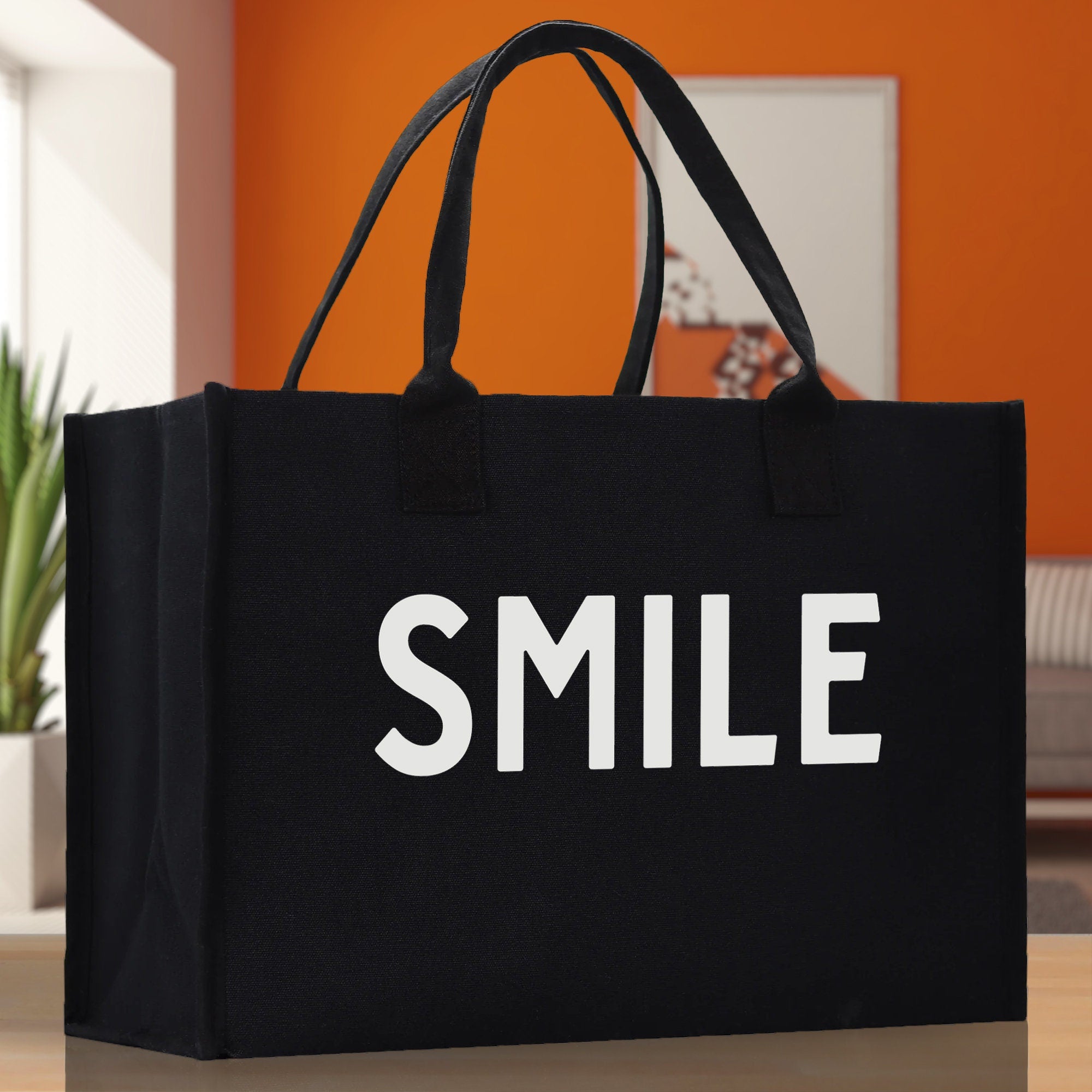 Smile Cotton Canvas Chic Beach Tote Bag Multipurpose Tote Weekender Tote Gift for Her Outdoor Tote Vacation Tote Large Beach Bag