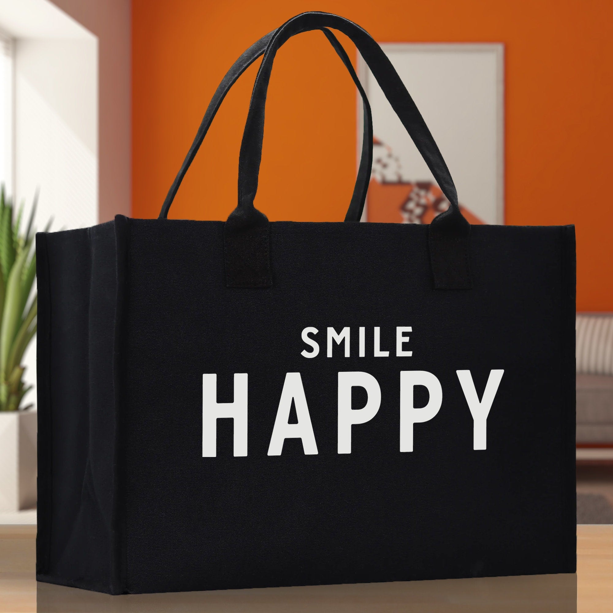 Smile Happy Cotton Canvas Chic Beach Tote Bag Multipurpose Tote Weekender Tote Gift for Her Outdoor Tote Vacation Tote Large Beach Bag