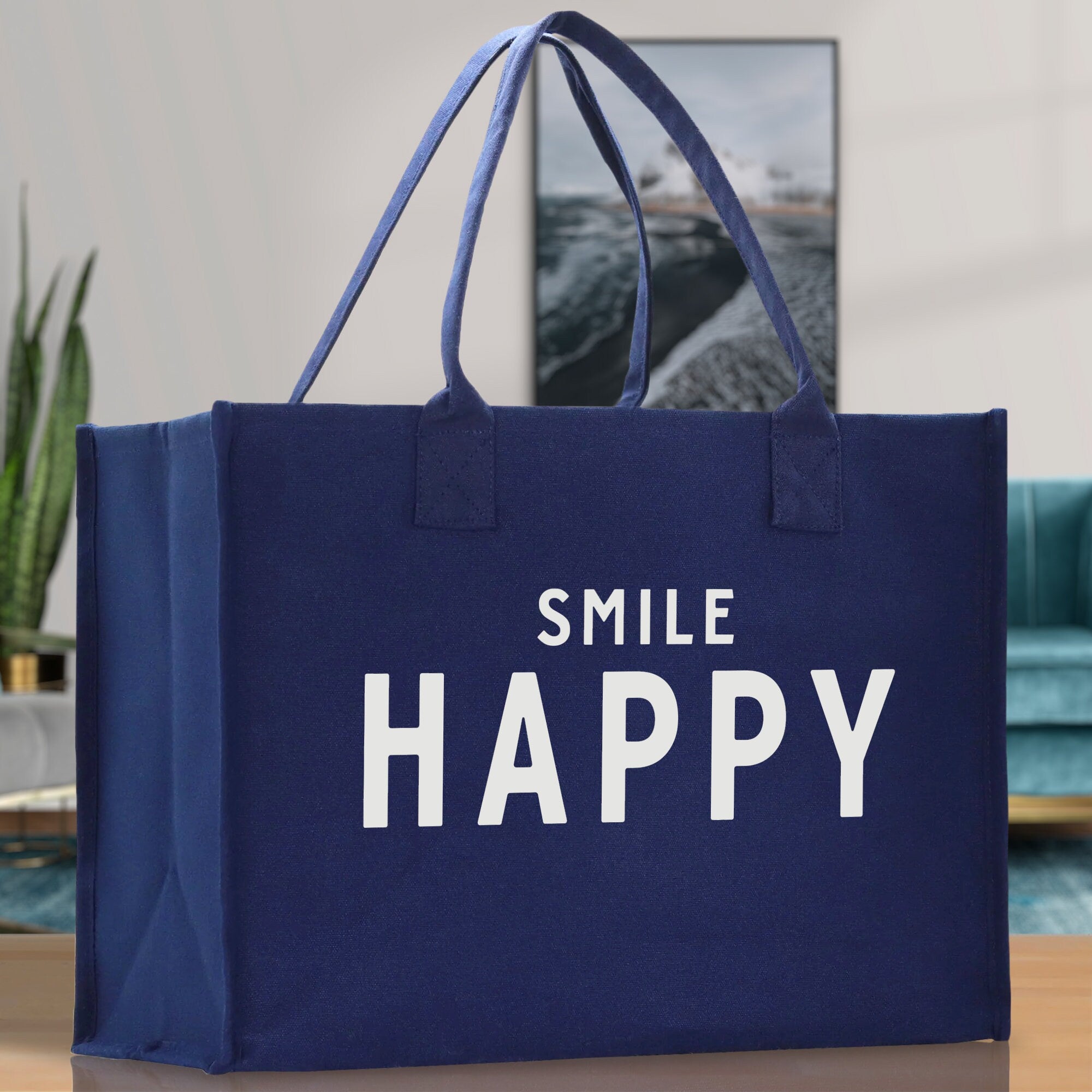 Smile Happy Cotton Canvas Chic Beach Tote Bag Multipurpose Tote Weekender Tote Gift for Her Outdoor Tote Vacation Tote Large Beach Bag
