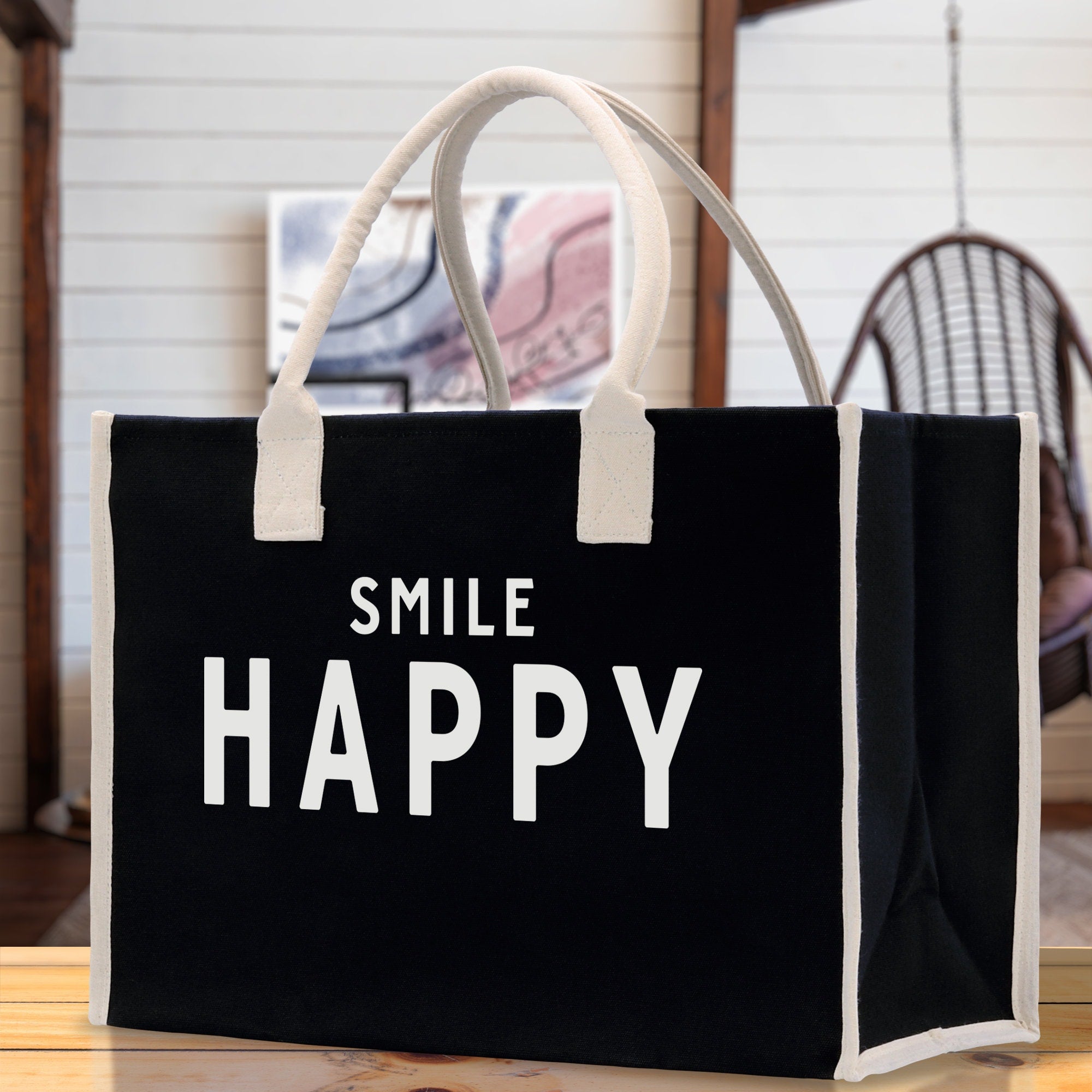 Smile Happy Cotton Canvas Chic Beach Tote Bag Multipurpose Tote Weekender Tote Gift for Her Outdoor Tote Vacation Tote Large Beach Bag