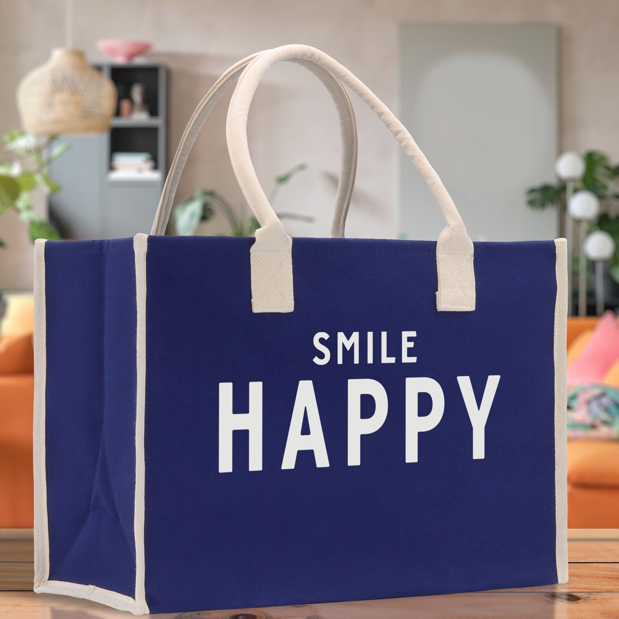 Smile Happy Cotton Canvas Chic Beach Tote Bag Multipurpose Tote Weekender Tote Gift for Her Outdoor Tote Vacation Tote Large Beach Bag