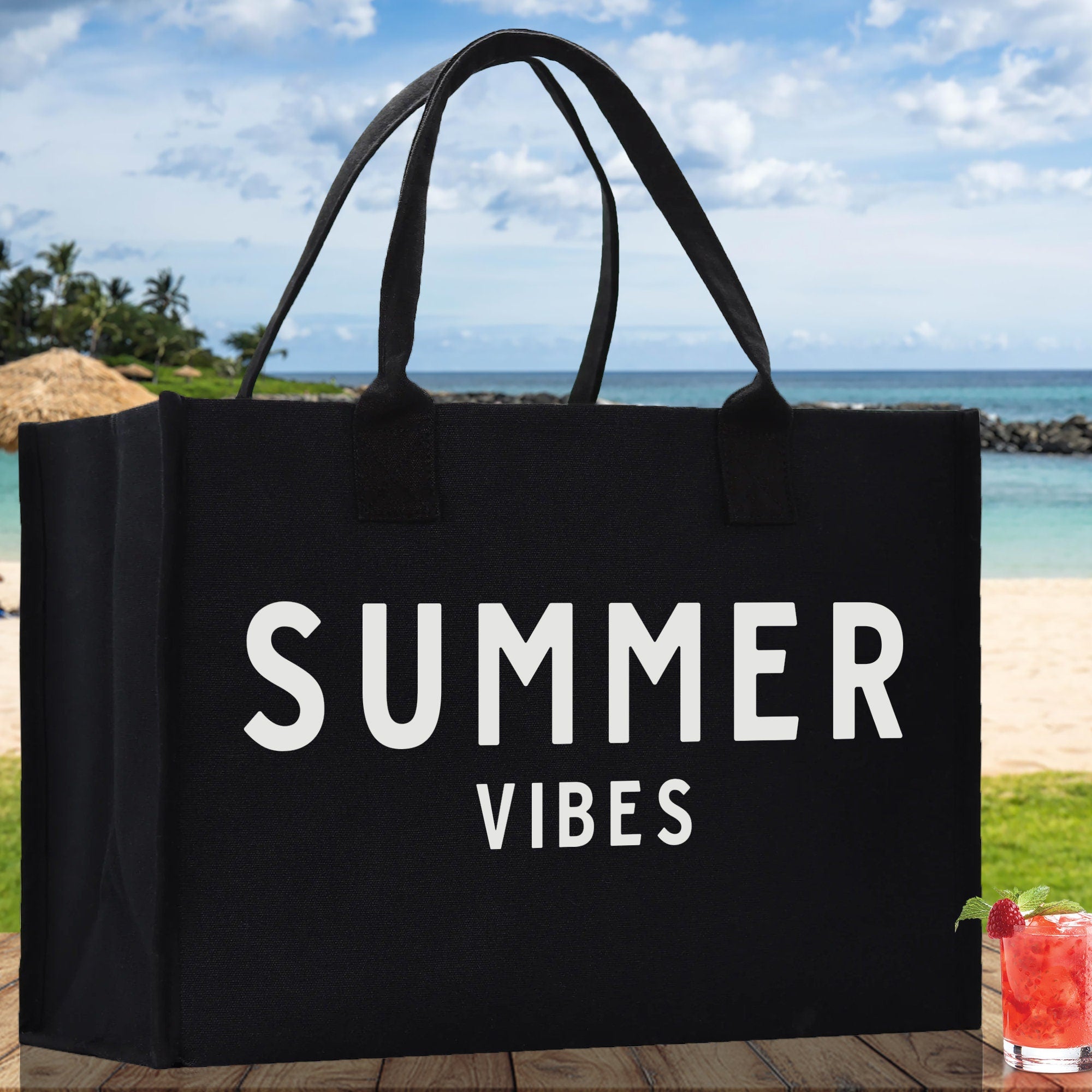 Summer Vibes Cotton Canvas Chic Beach Tote Bag Multipurpose Tote Weekender Tote Gift for Her Outdoor Tote Vacation Tote Large Beach Bag