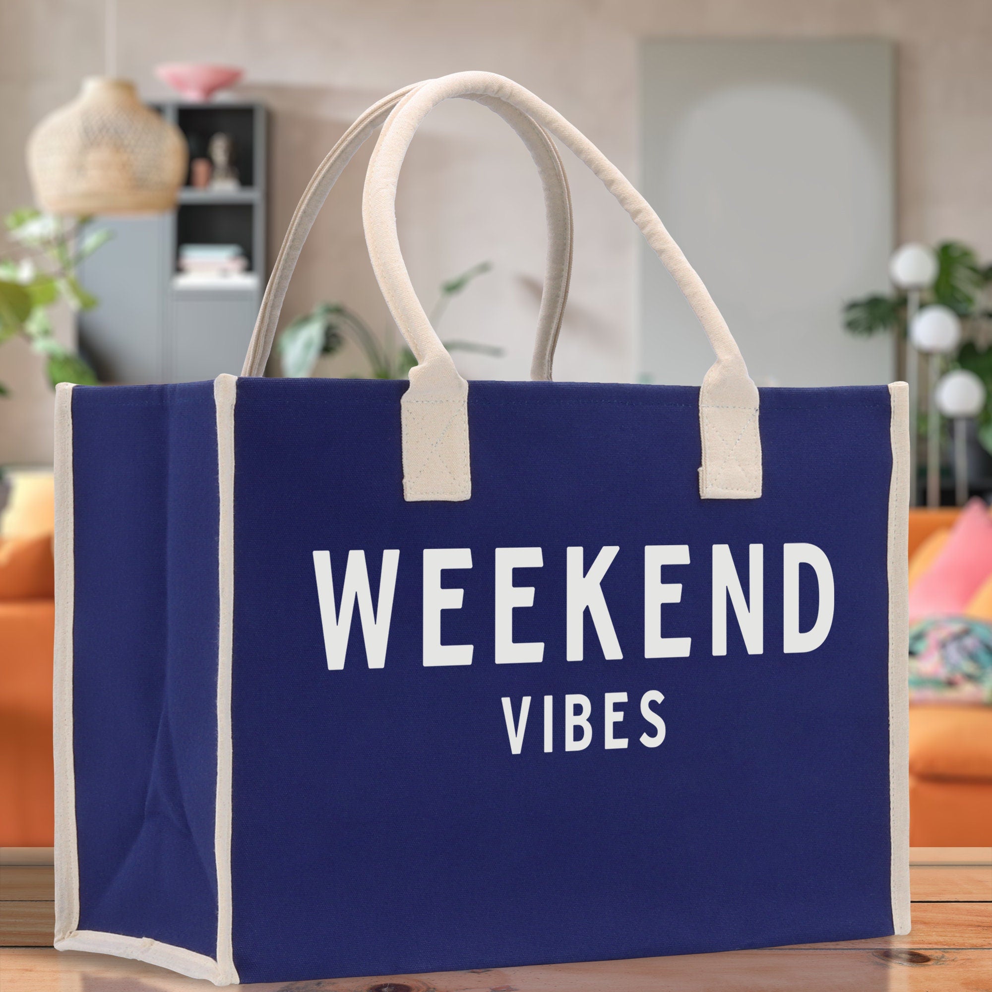 Weekend Vibes Cotton Canvas Chic Beach Tote Bag Multipurpose Tote Weekender Tote Gift for Her Outdoor Tote Vacation Tote Large Beach Bag