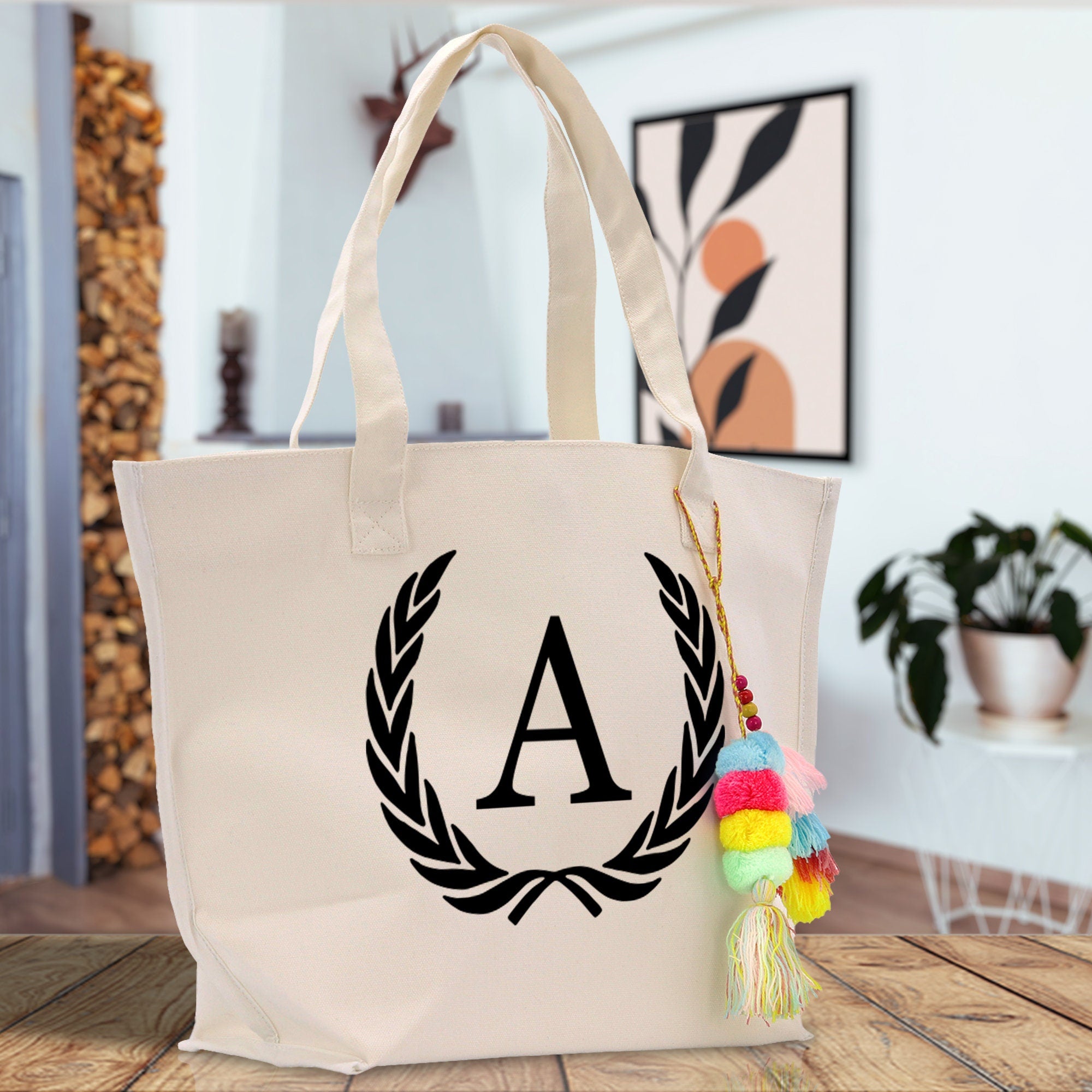 Personalized Cotton Canvas Hand Tote Bag Monogram Tote Bag Initial Canvas Tote Bridesmaid Gift Tote Magnetic Closure Bag Gift for Her A-Z