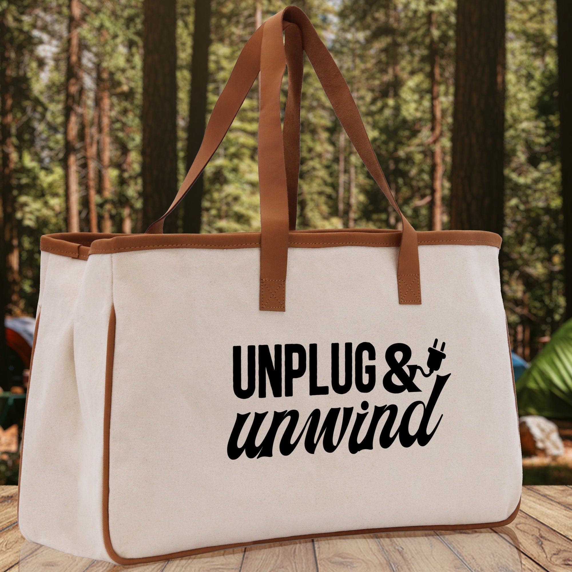 Unplug & Unwind Cotton Canvas Chic Tote Bag Camping Tote Camping Lover Gift Tote Bag Outdoor Tote Weekender Tote Multipurpose Camper Tote