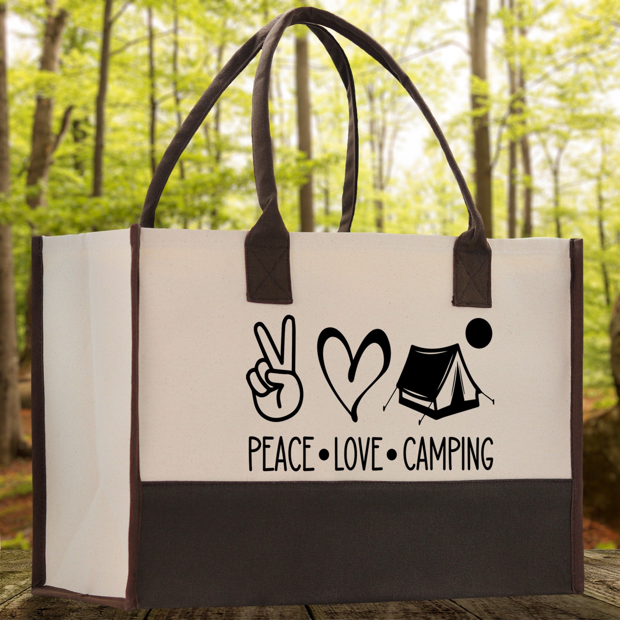 Peace Love Camping Cotton Canvas Chic Tote Bag Camping Tote Camping Lover Gift Tote Bag Outdoor Tote Weekender Tote Multipurpose Camper Tote