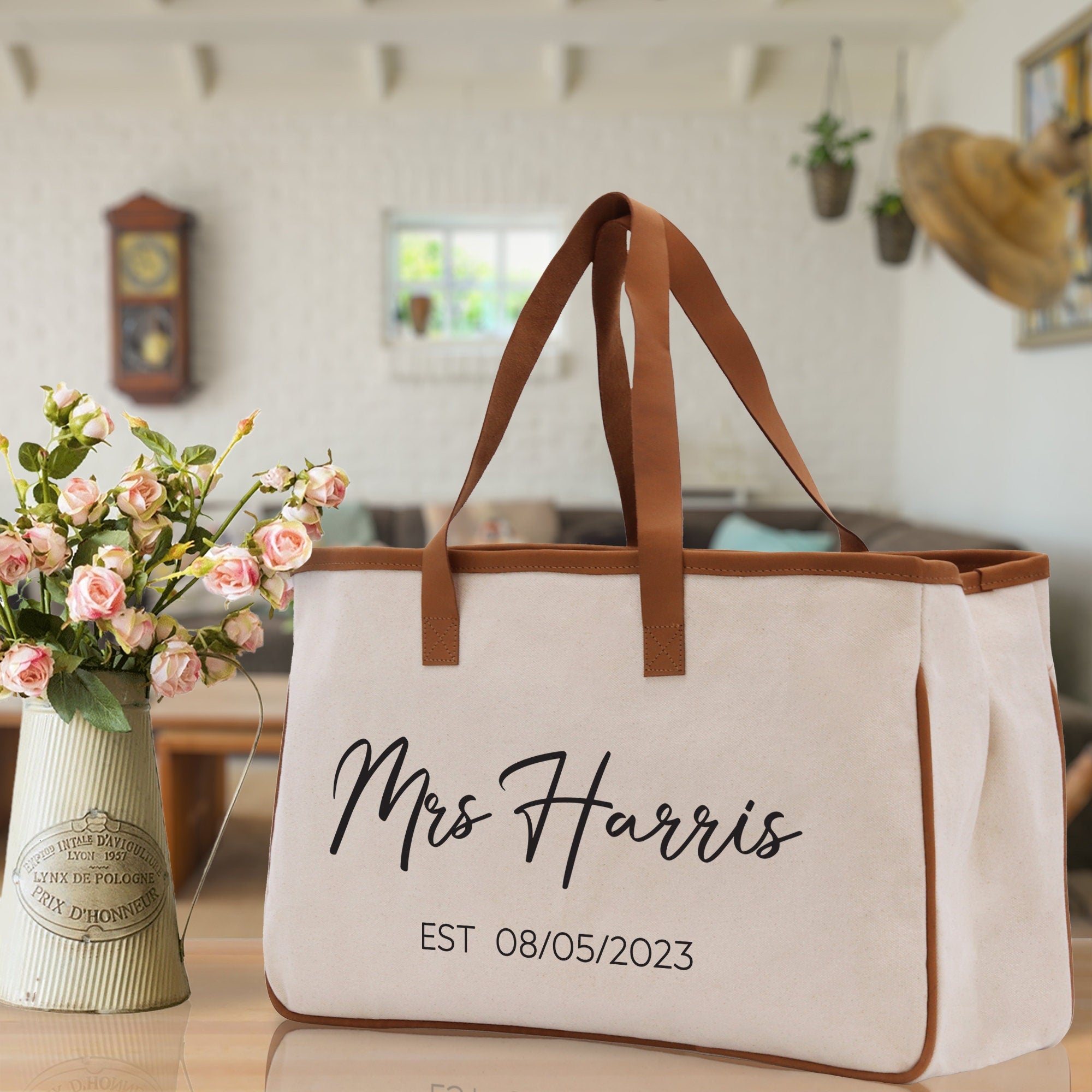 Mrs. Last Name Est Year Tote Bag Personalized Date Wedding Tote Bridal Shower Gift Honeymoon Gift Customized Wedding Gift Bridesmaid Gift