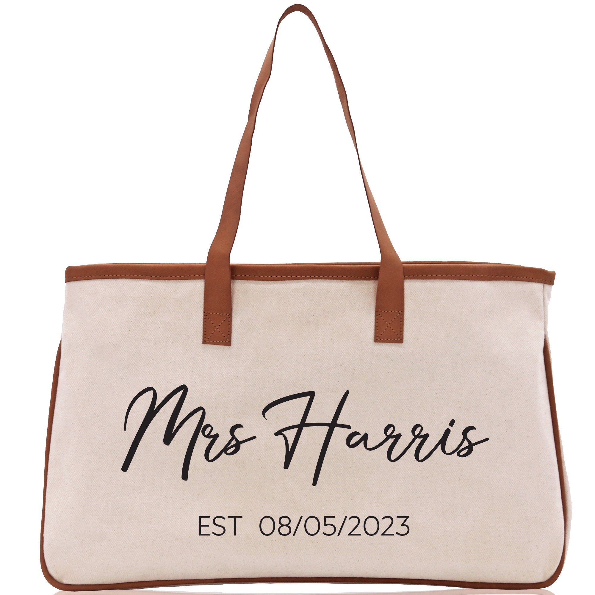 Mrs. Last Name Est Year Tote Bag Personalized Date Wedding Tote Bridal Shower Gift Honeymoon Gift Customized Wedding Gift Bridesmaid Gift