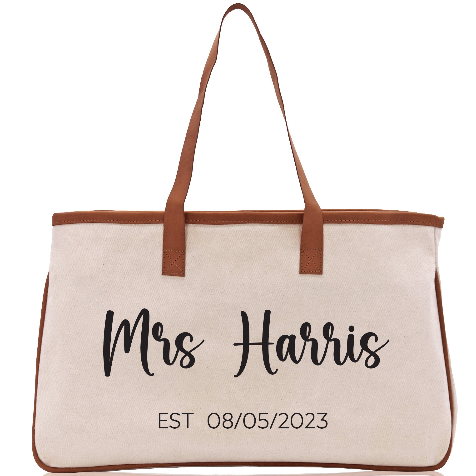 Mrs. Last Name Est Year Tote Bag Personalized Date Wedding Tote Bridal Shower Gift Honeymoon Gift Customized Wedding Gift Bridesmaid Gift